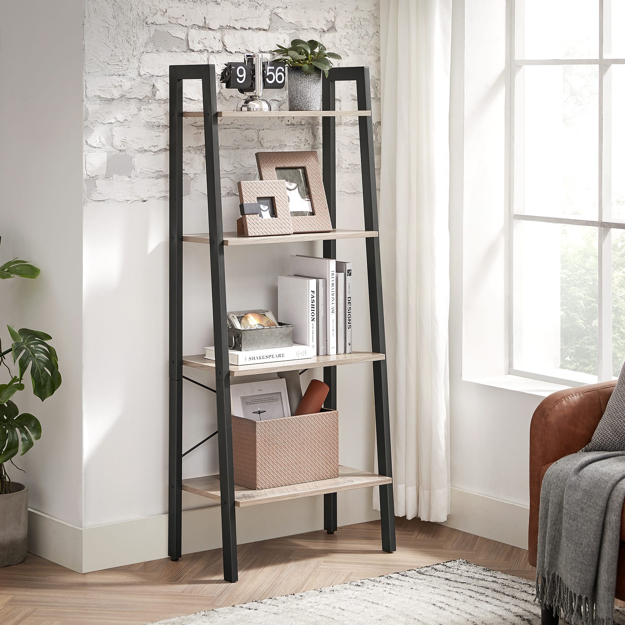 Songmics Home - Ladder Shelf, 4-Tier Bookshelf, Bookcase, for Living Room, Bedroom, Kitchen, Home Office, Industrial Style, Steel Frame - Greige and Black