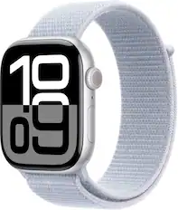 Angle. Apple - Apple Watch Series 10 (GPS+Cellular) 46mm Aluminum Case with Blue Cloud Sport Loop - Silver.