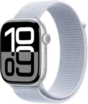 Angle. Apple - Apple Watch Series 10 (GPS+Cellular) 46mm Aluminum Case with Blue Cloud Sport Loop - Silver.