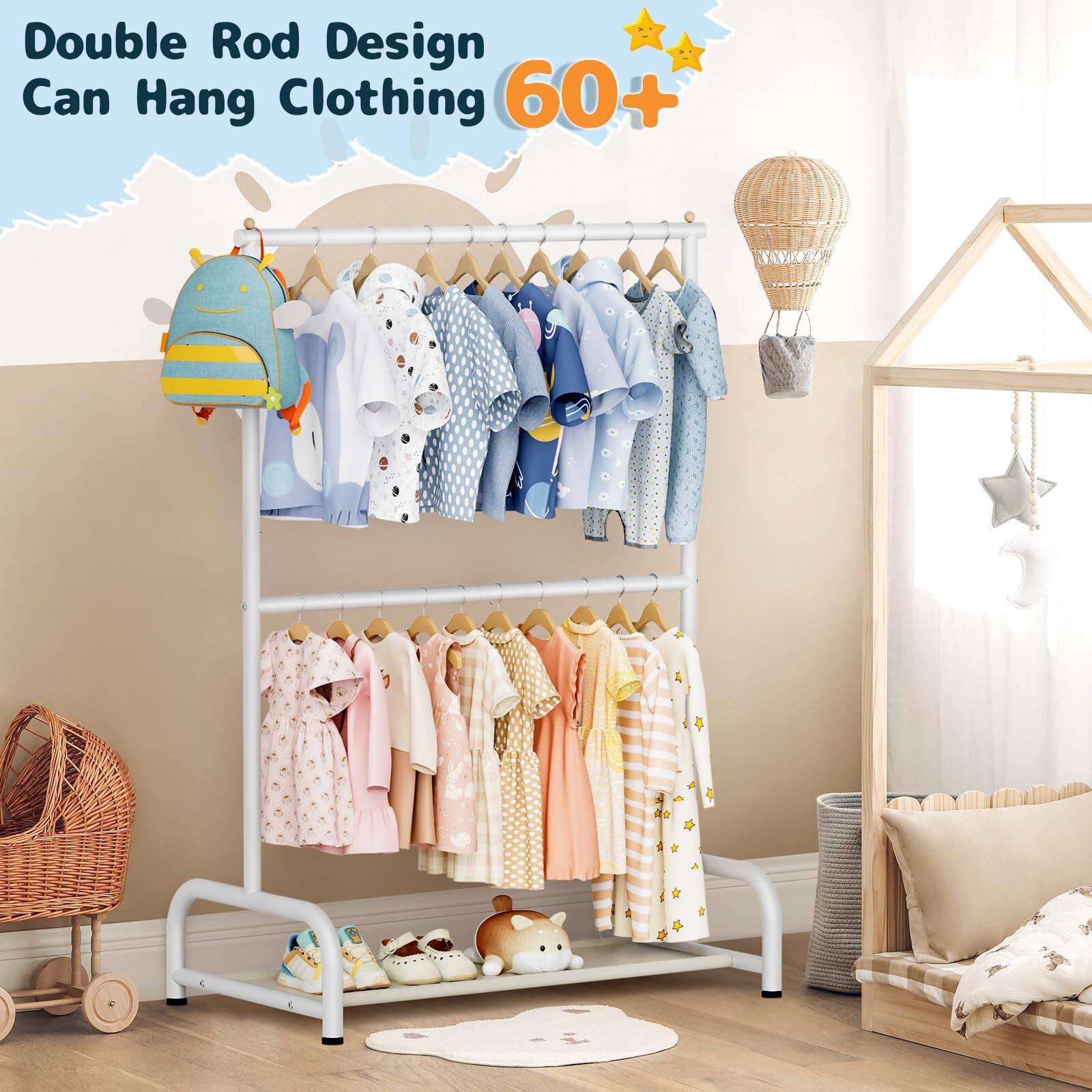 Double Rod Design  
Can Hang Clothing 60+