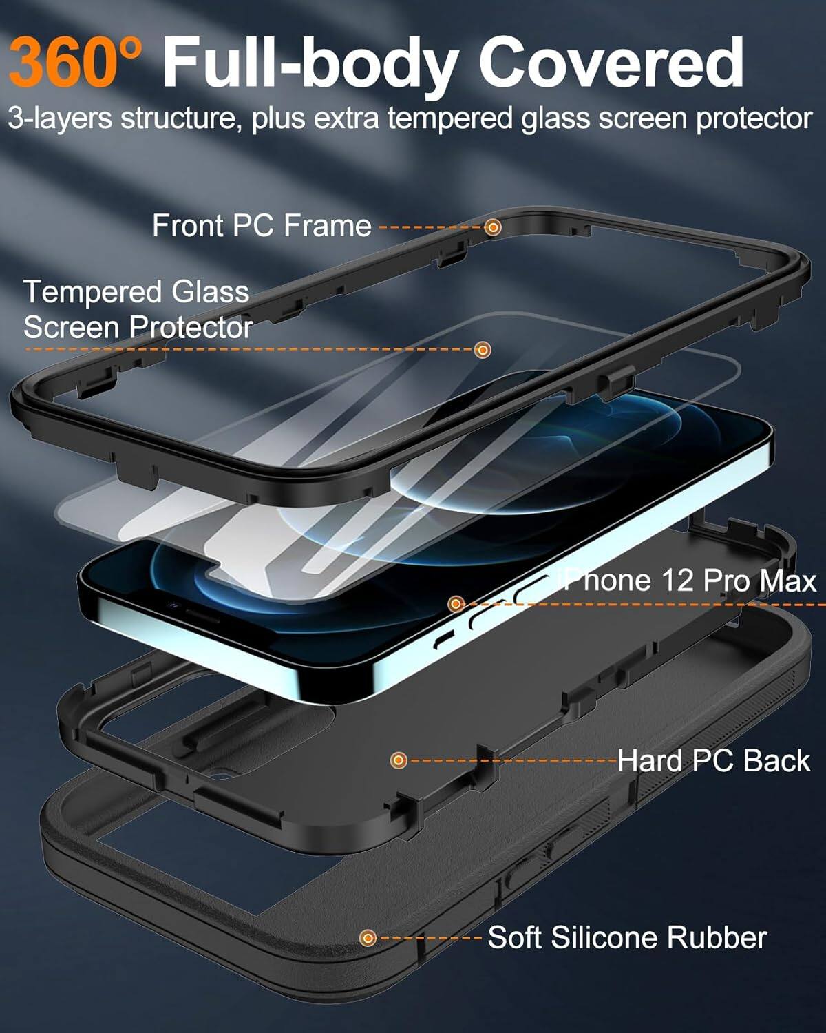 360 Full-body Covered
3-layers structure, plus extra tempered glass screen protector
Front PC Frame
Tempered Glass Screen Protector
iPhone 12 Pro Max
Hard PC Back
Soft Silicone Rubber