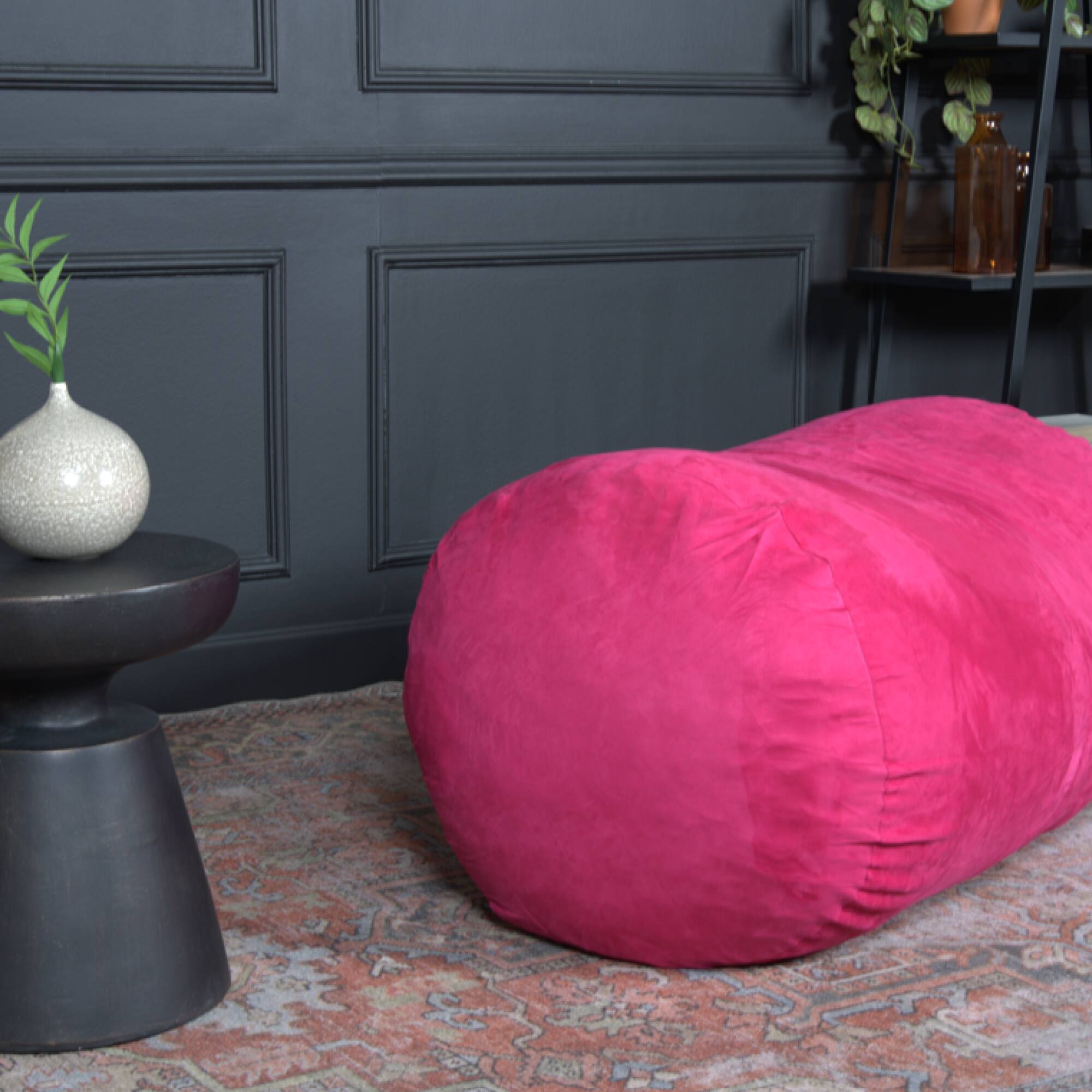 Angle. GOODSILO - Premium Cylindrical Suede Bean Bag in Neutral Tone for Modern Living Spaces - Fuchsia.