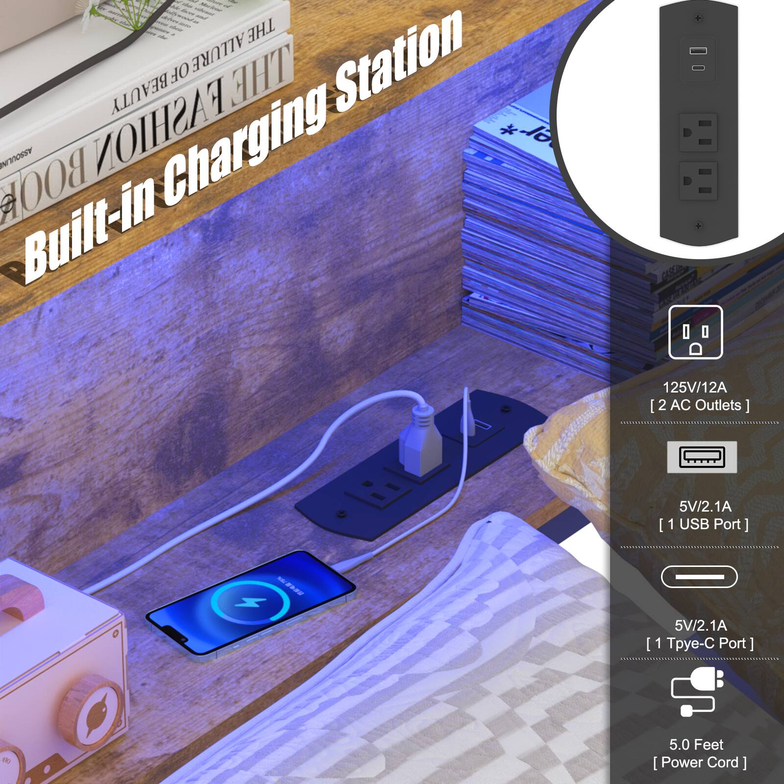 Built-in Charging Station

- 125V/12A
- 2 AC Outlets
- 5V/2.1A [1 USB Port]
- 5V/2.1A [1 Type-C Port]
- 5.0 Feet [Power Cord]