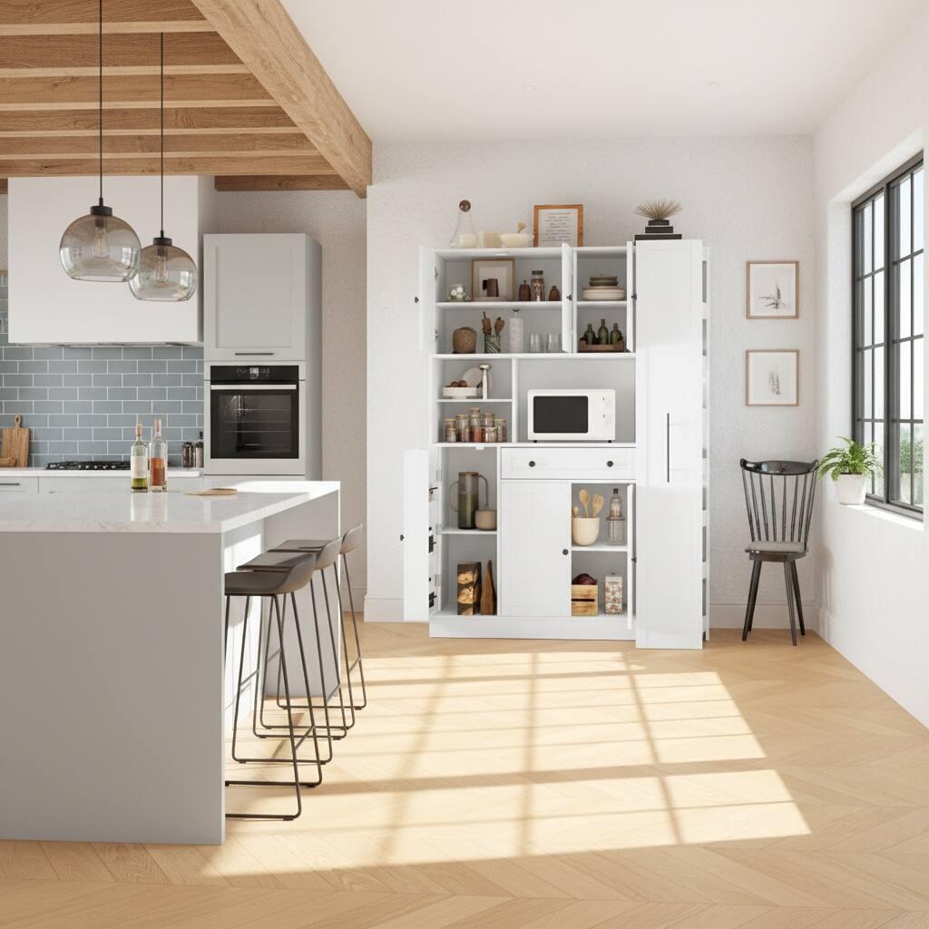 Left. Forest'nSky - 70" Tall Buffet with Hutch, Large Kitchen Pantry with Pull-Out Side Cabinet & Door Shelves, White - White.