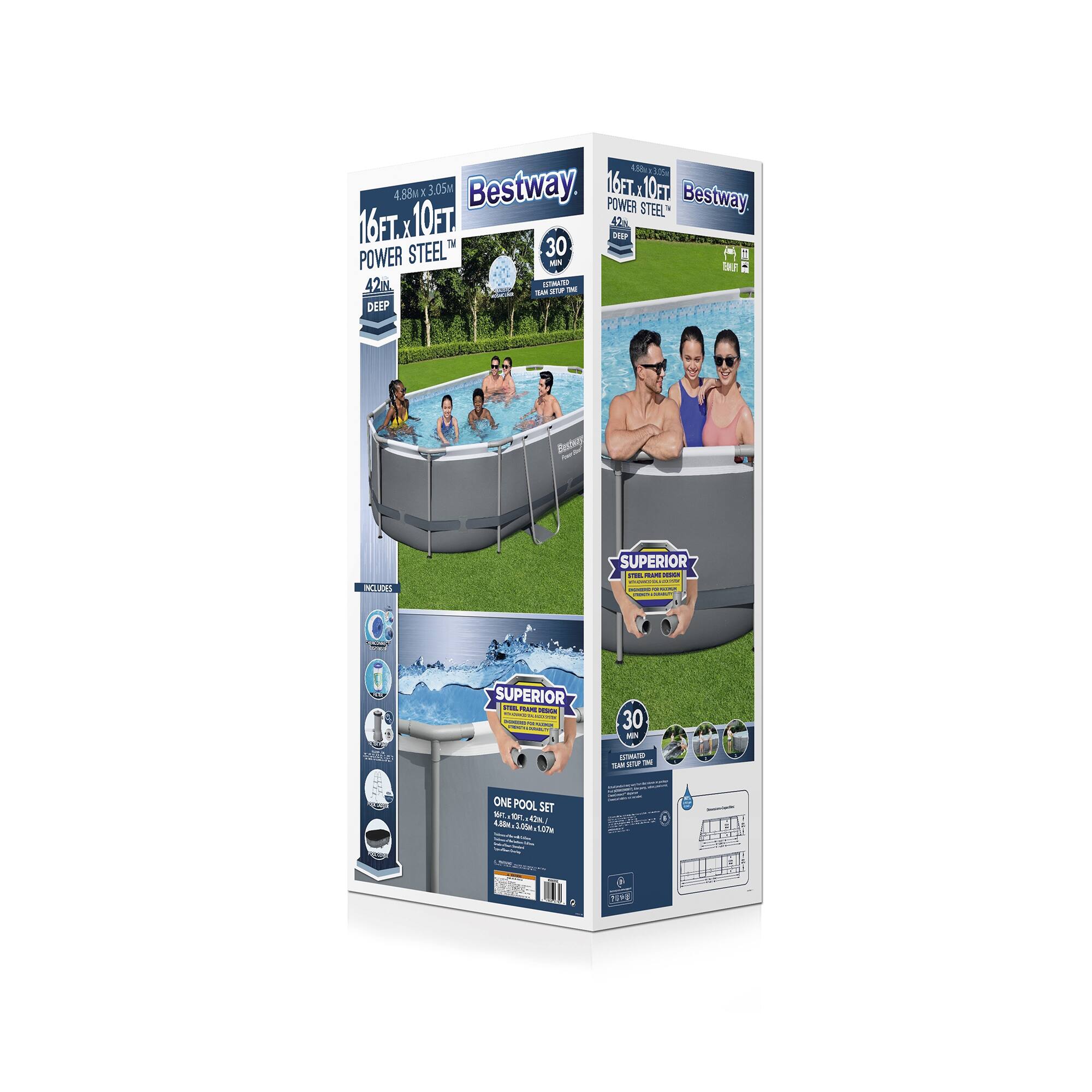 4 100 4.58 3.05m Bestway 16FT x 10FT POWER STEEL 42IN DEEP 30 SUPERIOR ONE POOL SET 4.80M x 3.05M x 1.27M