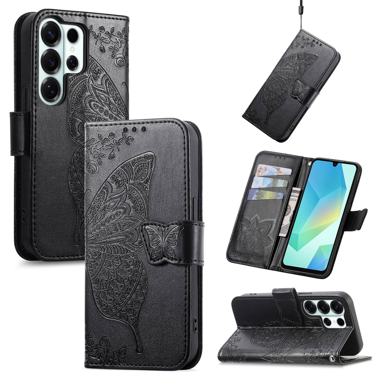 Angle. Dteck - Wallet Case for Samsung Galaxy S25 Ultra, Embossed Butterfly Pattern Leather Card Slots Flip Stand Cover+Strap - Black.