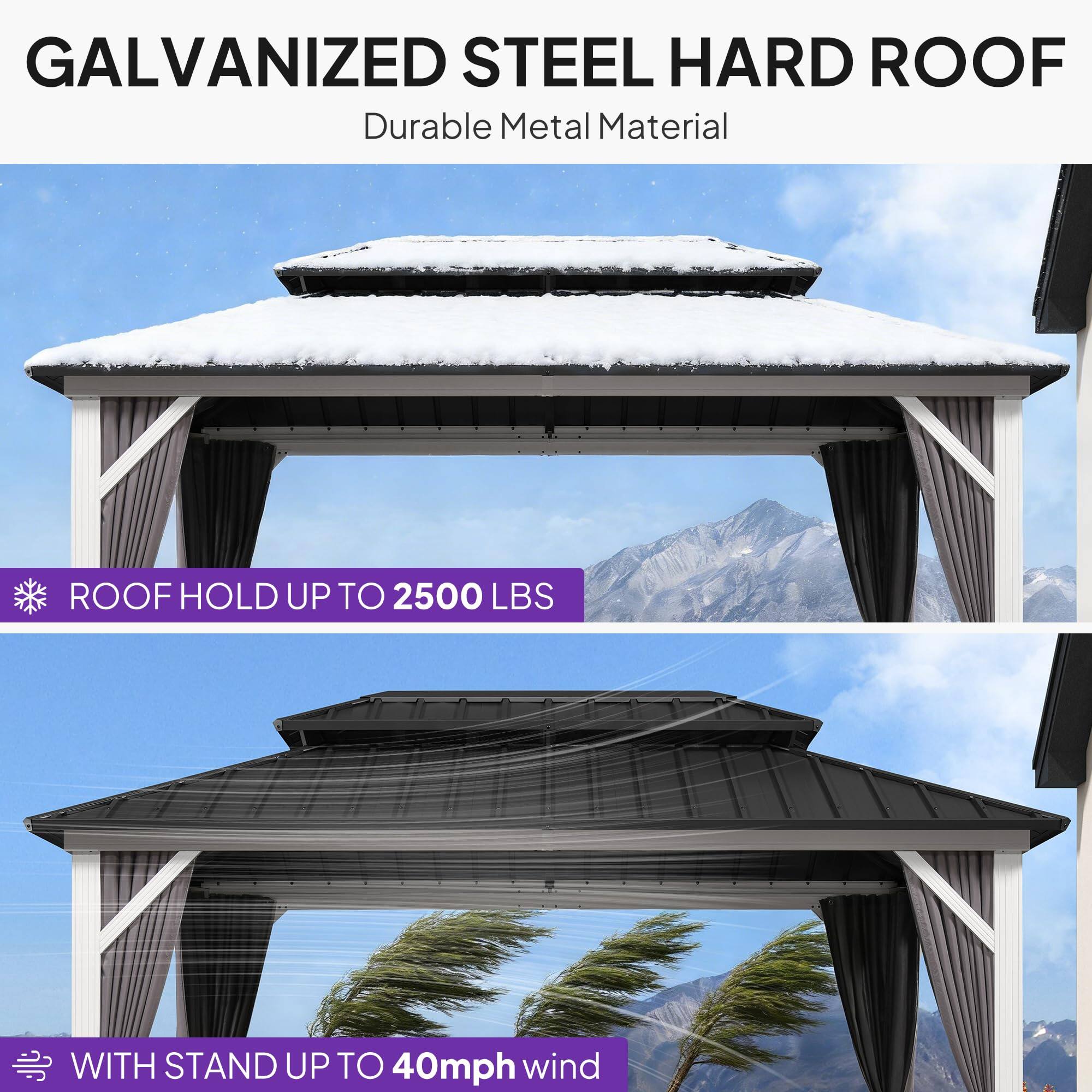 GALVANIZED STEEL HARD ROOF  
Durable Metal Material  

ROOF HOLD UP TO 2500 LBS  

WITH STAND UP TO 40mph wind