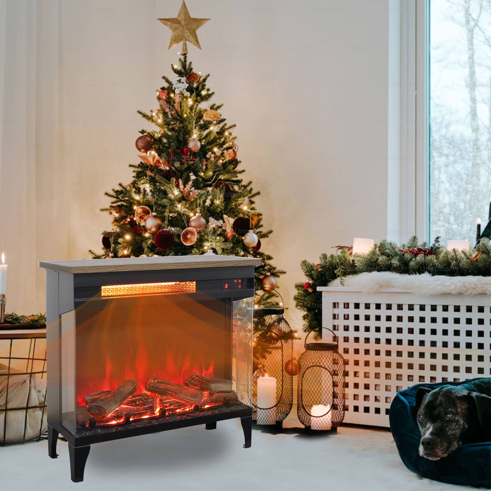 Alt View 2. Chateau Abodes - 24" Electric Fireplace Heater, 3-Sided Glass & Wooden Top, 4 Adjustable Flame Colors, 1500W - Antique Black.