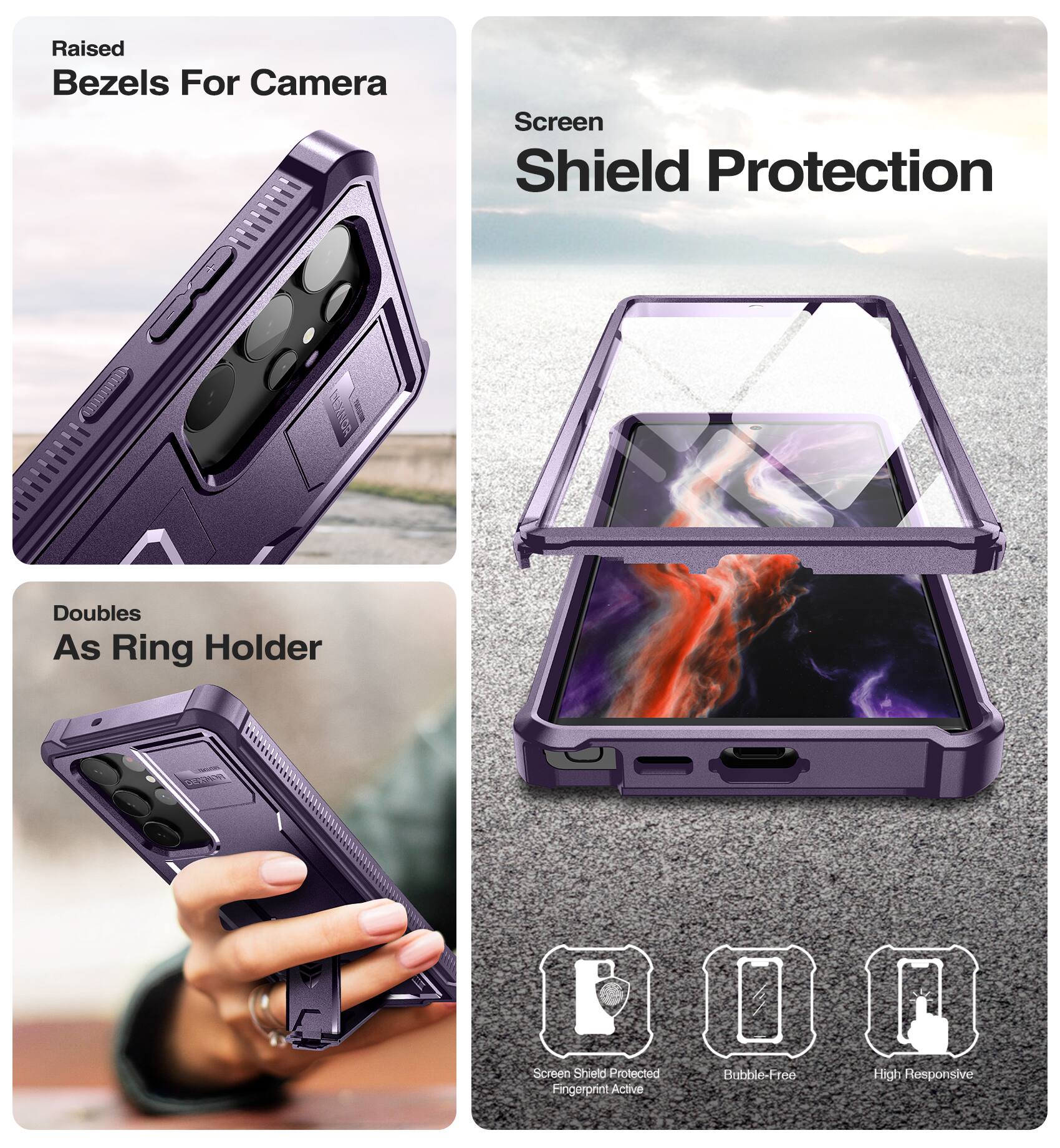 Raised Bezels For Camera, Screen Shield Protection, Doubles As Ring Holder, Screen Shield Protected, Fingerprint Active, Bubble-Free, High Responsive