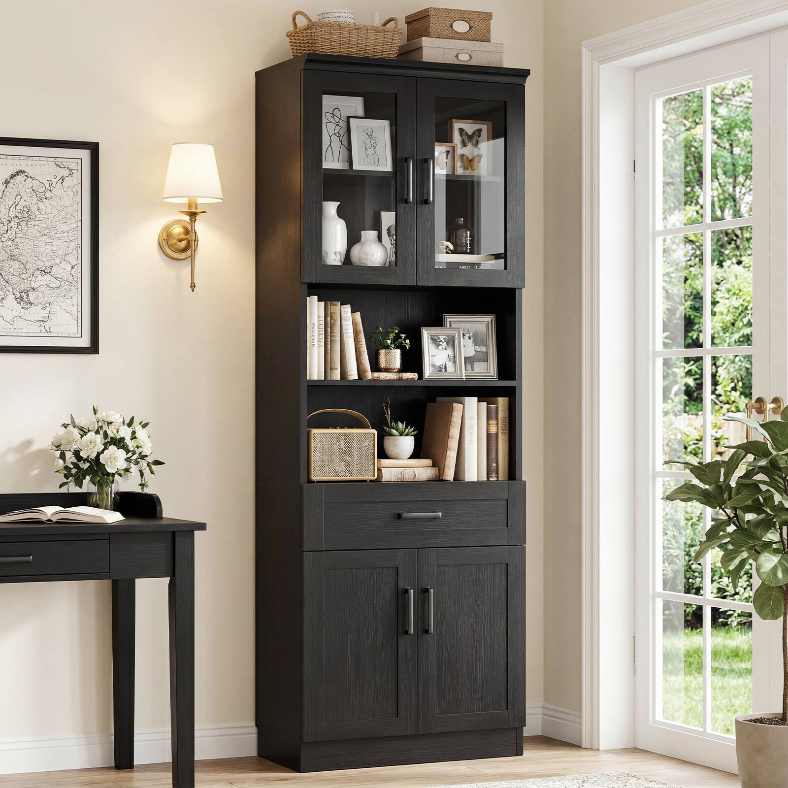 Alt View 3. Aheaplus - 79.7" Tall Kitchen Pantry Storage Cabinet, Kitchen Hutch Cabinet with Glass Door, Adjustable Shelves and Drawer - Black.