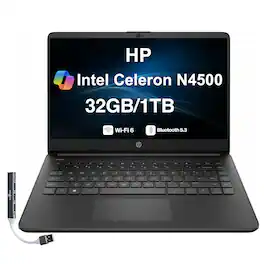 HP - Upgraded - 14 Laptop 14.0 HD (Intel Celeron N4500, 32GB DDR4, 1TB PCIe SSD, Intel UHD, Win 11 Pro) w/USB Hub - Jet Black