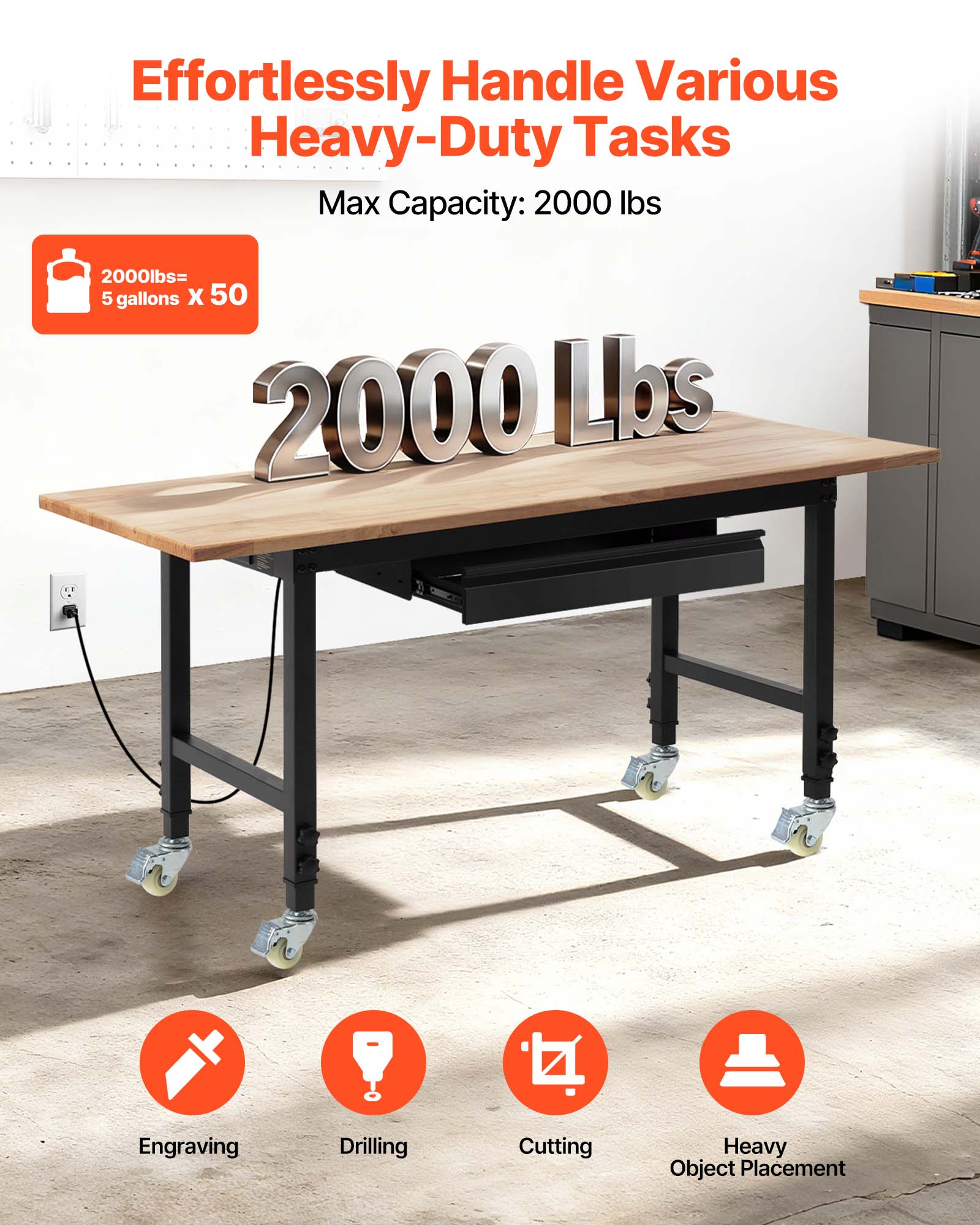 Effortlessly Handle Various Heavy-Duty Tasks  
Max Capacity: 2000 lbs  
2000 lbs = 5 gallons X 50  

2000 Lbs  

Engraving  
Drilling  
Cutting  
Heavy Object Placement