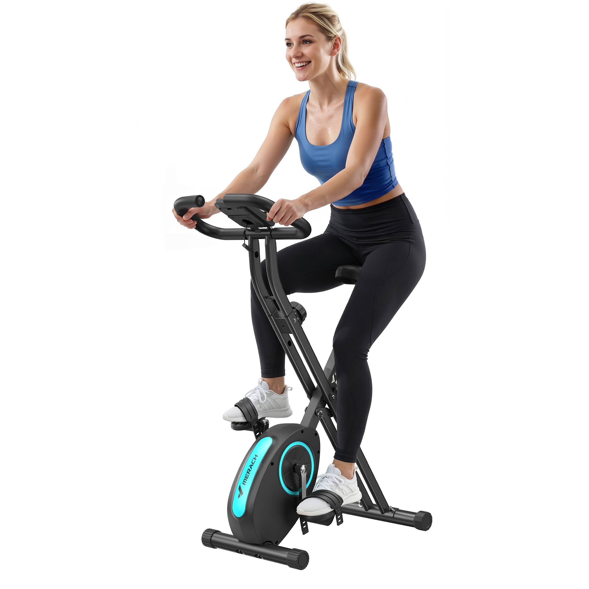 Angle. MERACH - MERACH Folding Magnetic Exercise Bike with LCD Display, Comfortable Seat, Space Saving, Cardio Training, 300 lbs - Blue.
