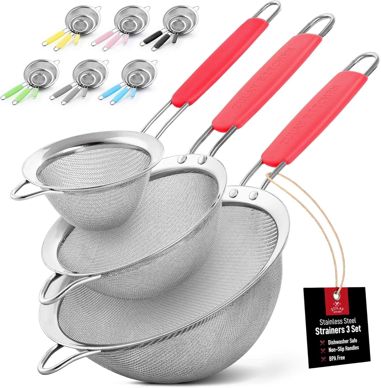 Zulay Kitchen - Premium Stainless Steel Fine Mesh Strainer Set - Strainers For Kitchen (Set of 3) with Non-Slip Handles - Red