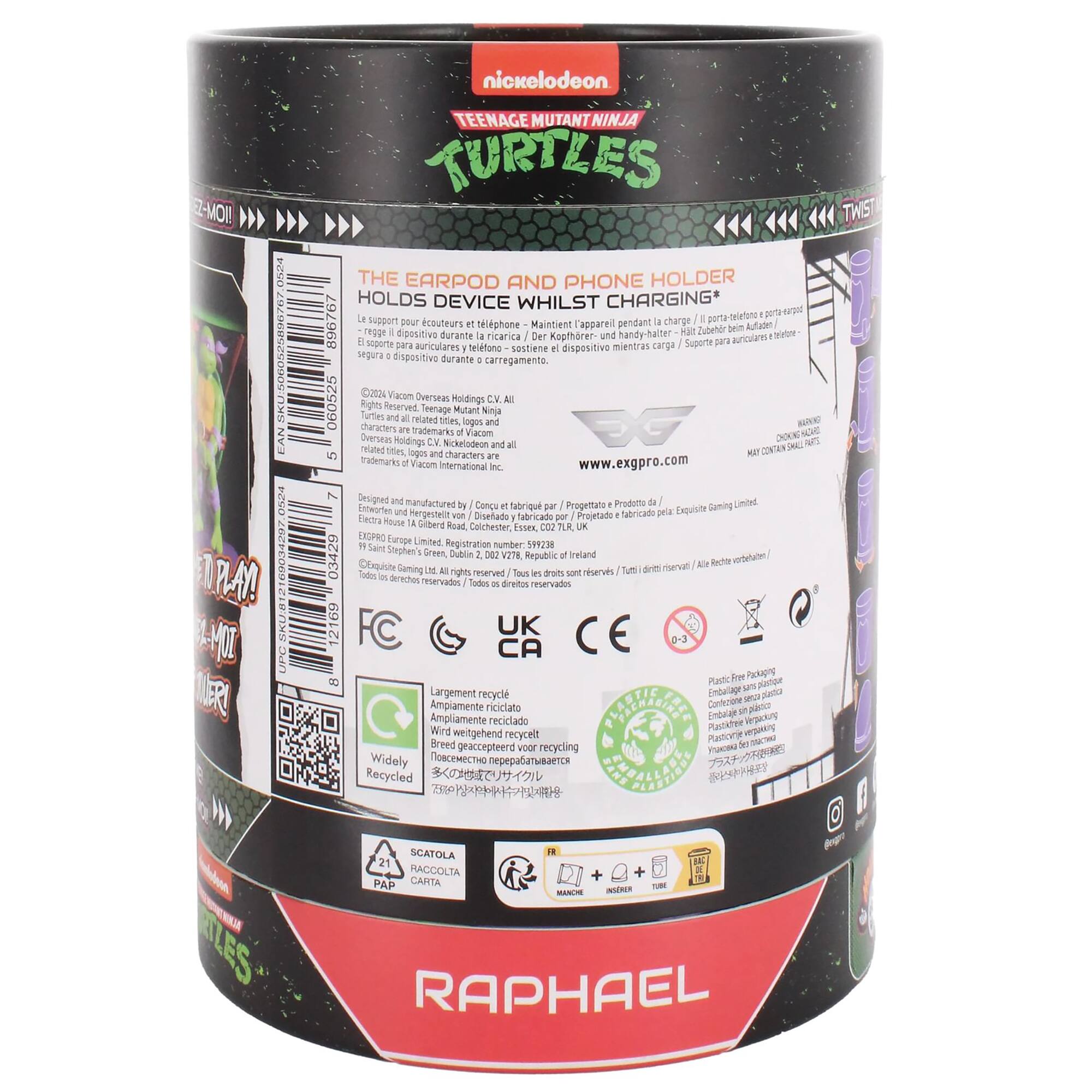 The text on the image is a mix of different languages, including English, Spanish, and French. To group and correct the text, I will provide the English translation for each sentence:

1. NOM- 0524 0/9692909090M EAN PZVO URA! 690334207 M SKUBT UPC R nickelodeon TEENAGE MUTANT NINJA TURTLES THE EARPOD AND PHONE HOLDER HOLDS DEVICE WHILST CHARGING* porta-telatona por 896767 support pour cnuteurs telephone Maintient l'appareit pendant charge Aufaden a Zubeher tein regge dipositivo durante ricarica Der Kopthorer handy-halter tratuw Seports Suporte para auniculares para auriculares y telafono sostiene dispositivo mientras carga sega dispositivo durante carregamente.

Translation: The product is a phone holder for the Teenage Mutant Ninja Turtles. It holds the device while it's charging.

1. 200 Vacom Overseas 060525 Holdings kights Reserved Teenage Mutant furtles Ninja reated Tfiet loges KANKO tharacters Dver Holdings trademarks Nickelodeon acom G DOOC DAE related 1eL ngon characters CONTEN trademarks Vacom International [www.exgpro.com](http://www.exgpro.com) Designed manufactured Progemtate Produito Linited AsteorTen Conce fabrique Exquisite Suming Hergestelit Disefado tabricado Projetado Sabricado jela Eectra Rouse Sibere Road Colchester Lssea TLR EXGPRO Euruge Limited Sairt Reg.

Translation: The product is designed and manufactured by Exquisite Suming Hergestelit. The trademarks for the product are owned by Vacom International. The product is limited edition and is available at Rouse Sibere Road in Colchester.