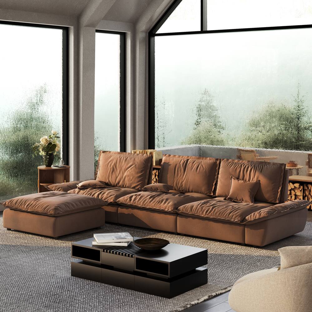 Left. POVISON - 141.73" Sailboat Deep Sofa Stain Resistant Cozy Couch with Ottoman - Brown Suede Fabric.