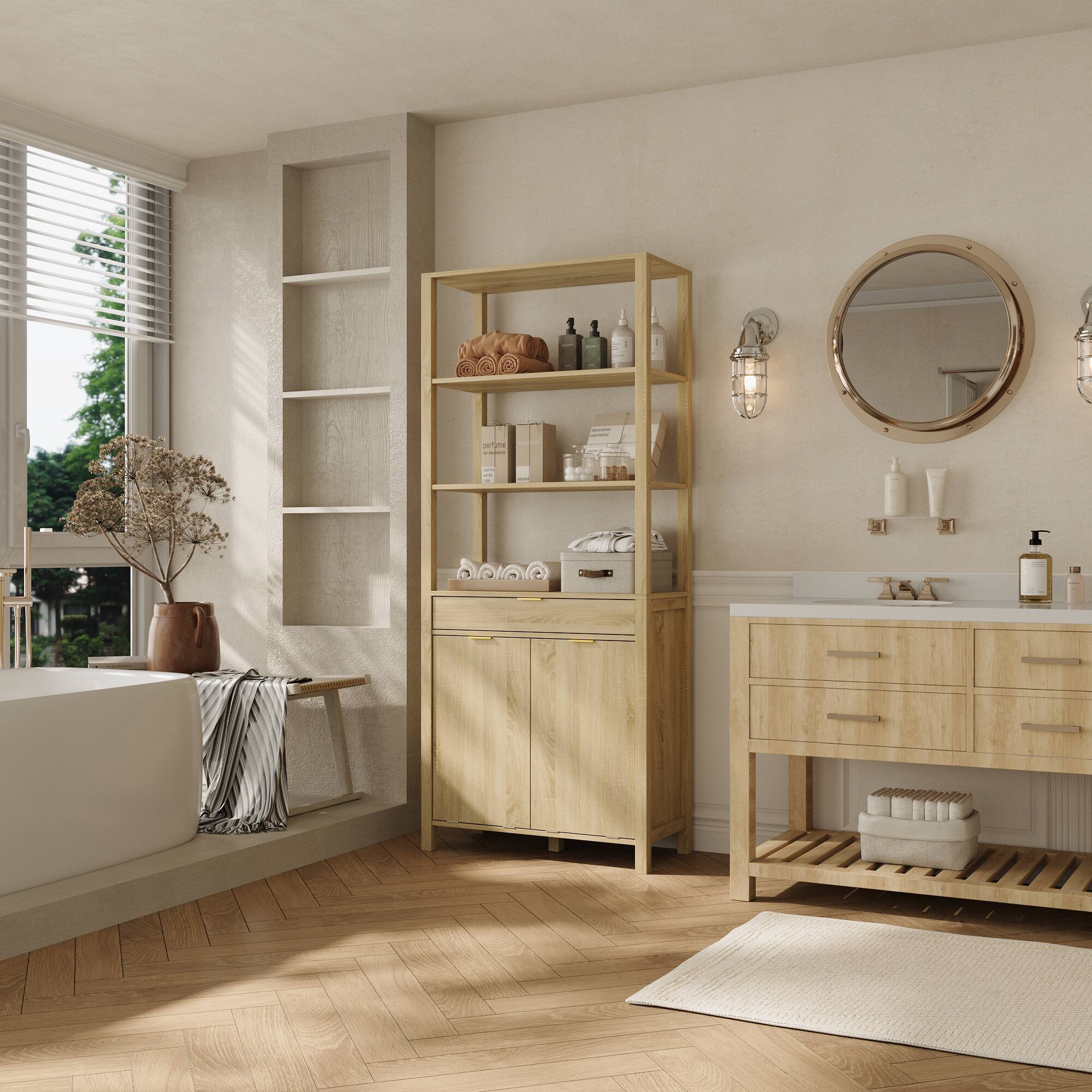 Alt View 5. Famapy - Luxury Bathroom Storage Cabinet with Hamper, Wooden Tall Organizer for Towels, Toiletries, Laundry Room - Wooden.
