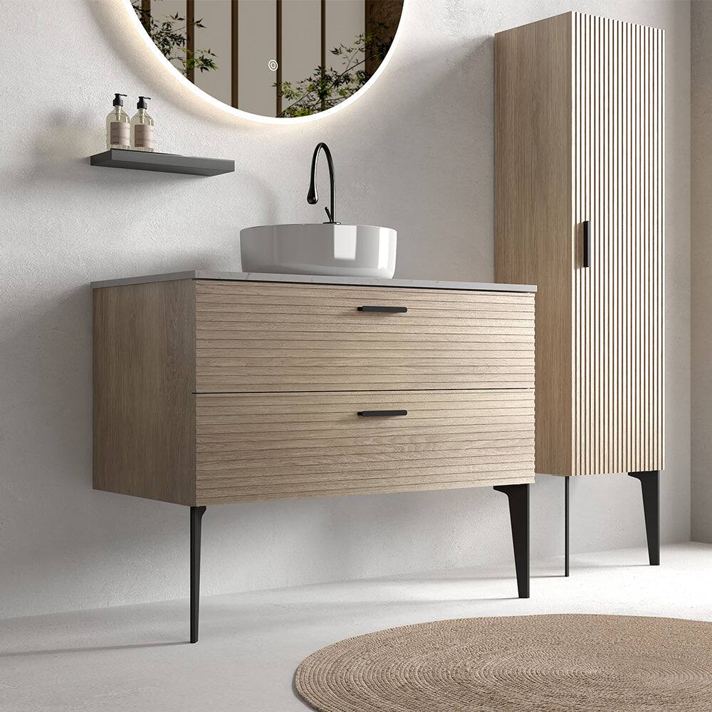 Alt View 2. Boyel Living - 36 Inch Striped Natural Oak Bathroom Vanity with Ceramic Sink, Freestanding Design, Modern Style, KD - Oak.
