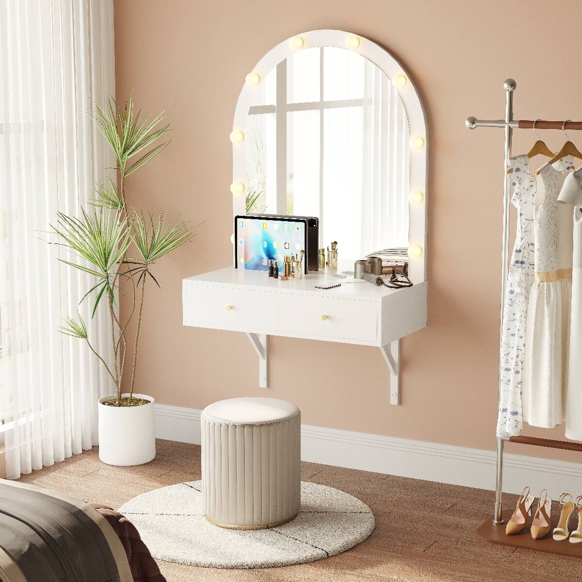 Left. Loheer - Loheer Floating Makeup Vanity Desk with Mirror and Lights, White Wall Mounted Vanity Desk - White.