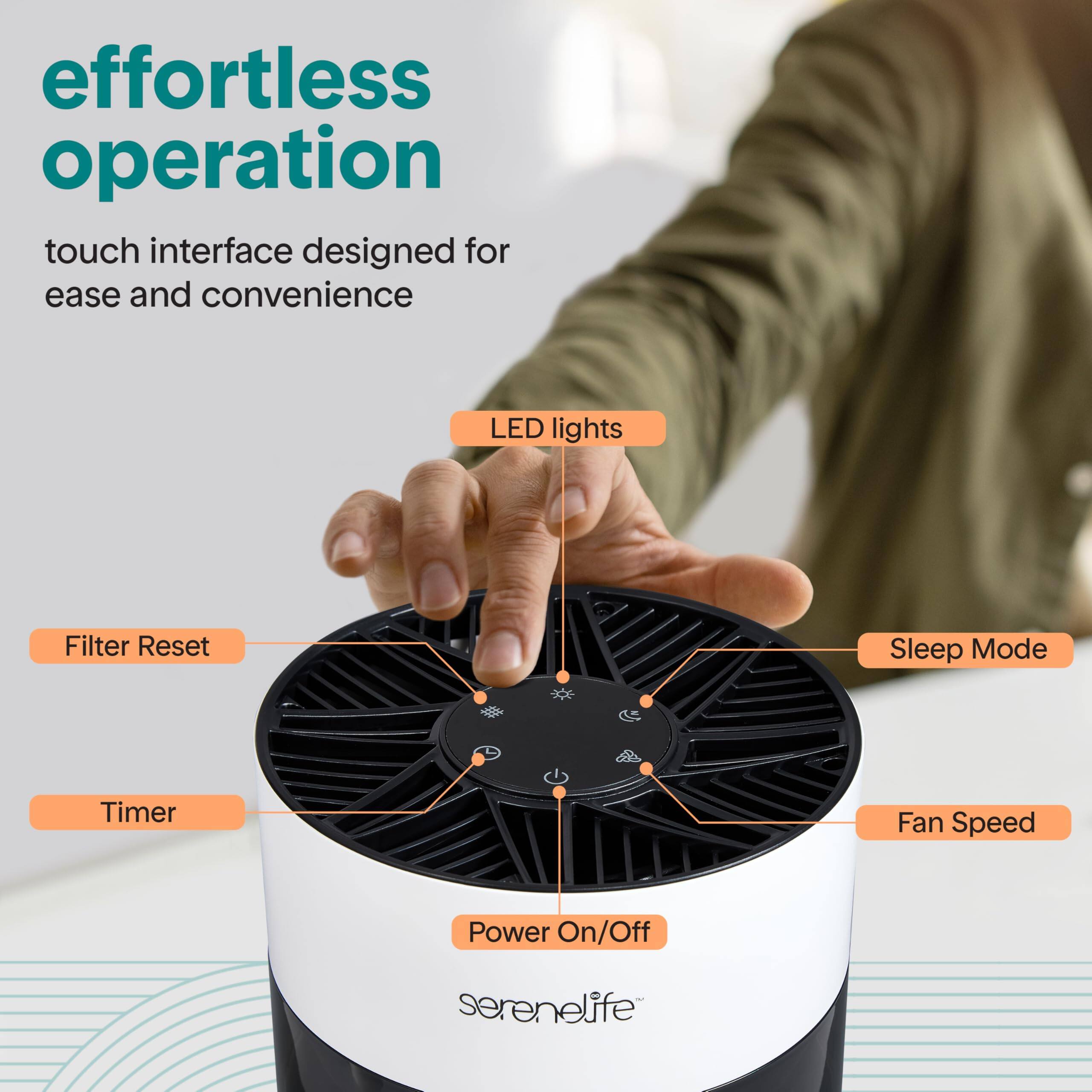 effortless operation  
touch interface designed for ease and convenience  

LED lights  
Filter Reset  
Sleep Mode  
Timer  
Fan Speed  
Power On/Off  

serenelife