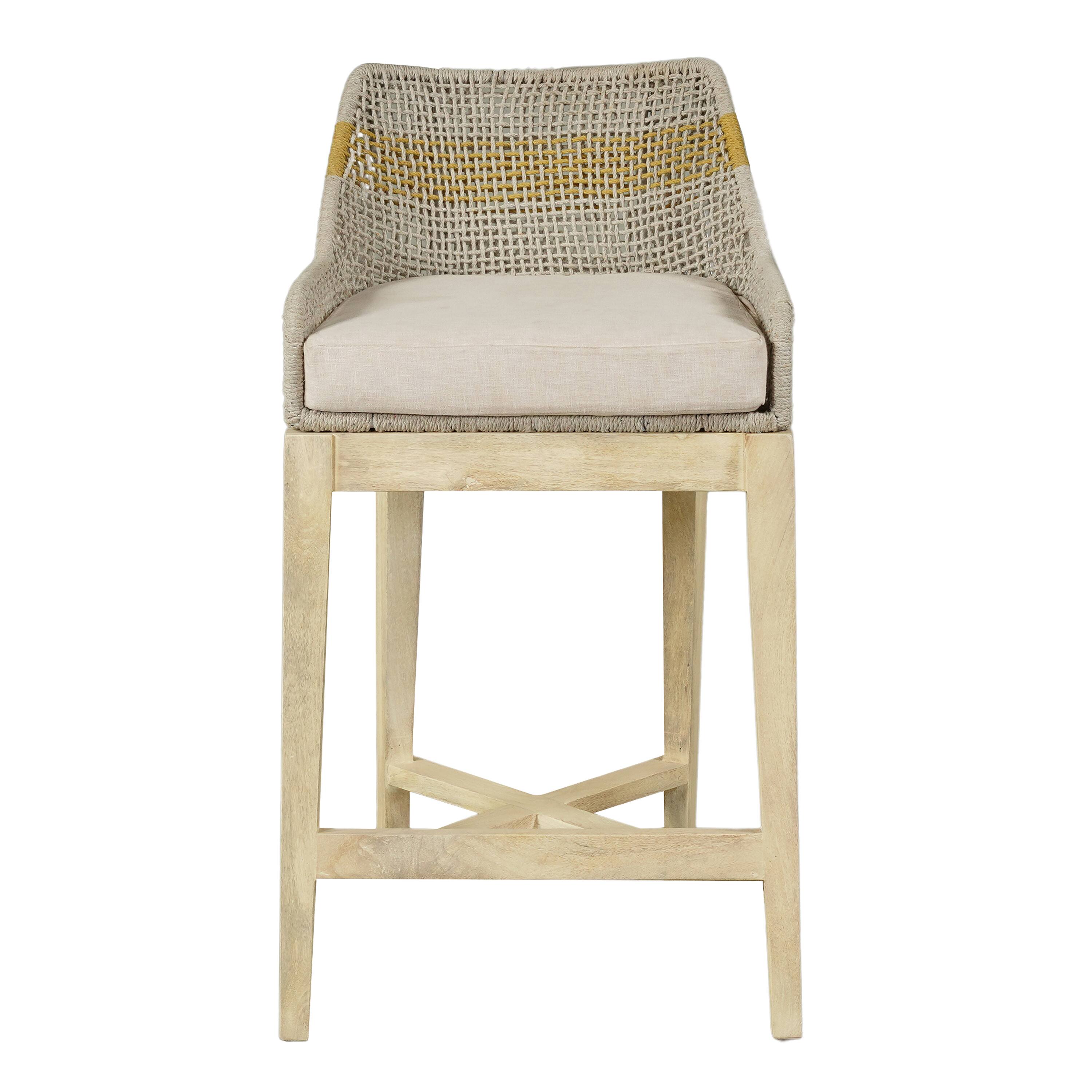Alt View 1. Manhattan Lane - Avira 30 Inch Barstool Chair | Handcrafted Mango Wood | Cotton Rope Weaving | Beige Cushion - Natural Brown, Beige.