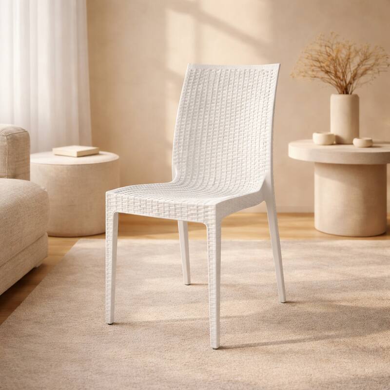 Angle. LeisureMod - Mace Stackable Outdoor Dining Chair - Weather-Resistant Wicker Weave - White.