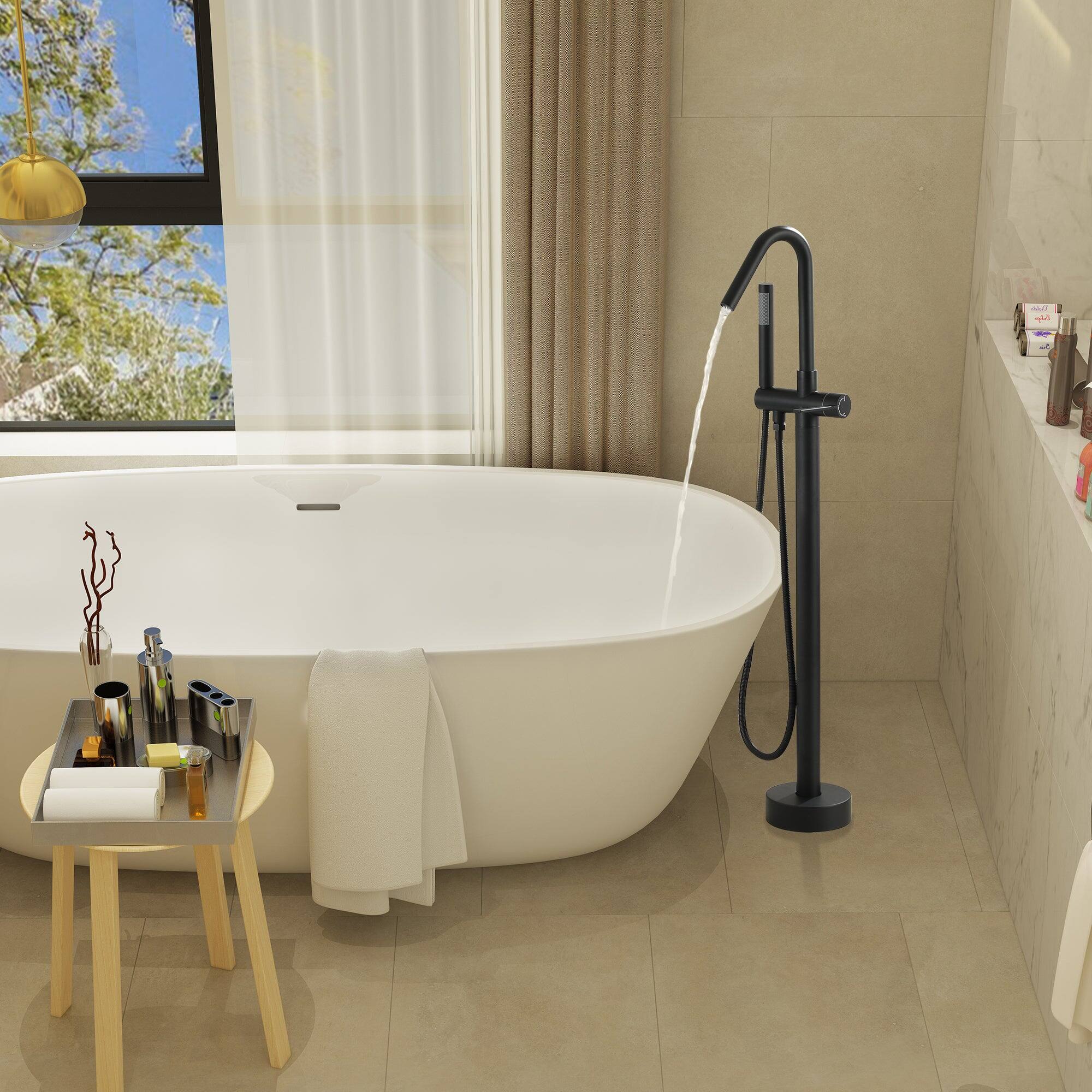 Alt View 3. Boyel Living - Modern Sleek Floor Mount Single-Handle Freestanding Tub Faucet with Hand Shower and Water Supply Hoses in. Matte Black - Matte Black.