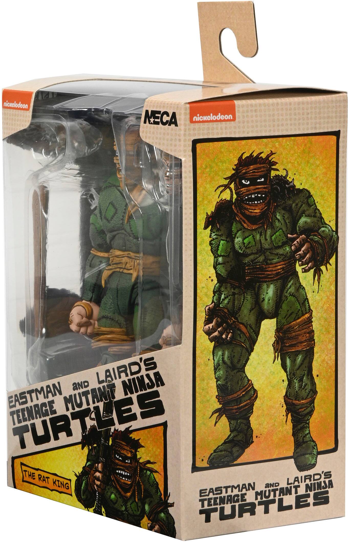 The image features a box containing a toy of a character from the Teenage Mutant Ninja Turtles. The box is made of cardboard and has a picture of the character on it. The toy is a representation of the character from the popular cartoon series.