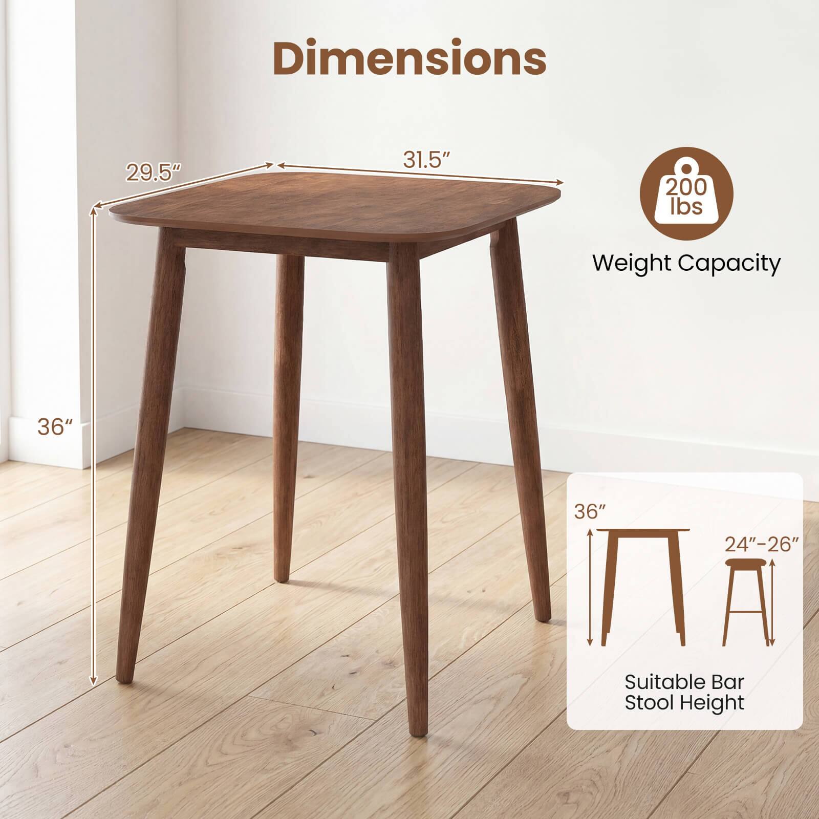Dimensions: 29.5" x 31.5"  
Weight Capacity: 200 lbs  
Height: 36"  
Suitable Bar Stool Height: 24"-26"