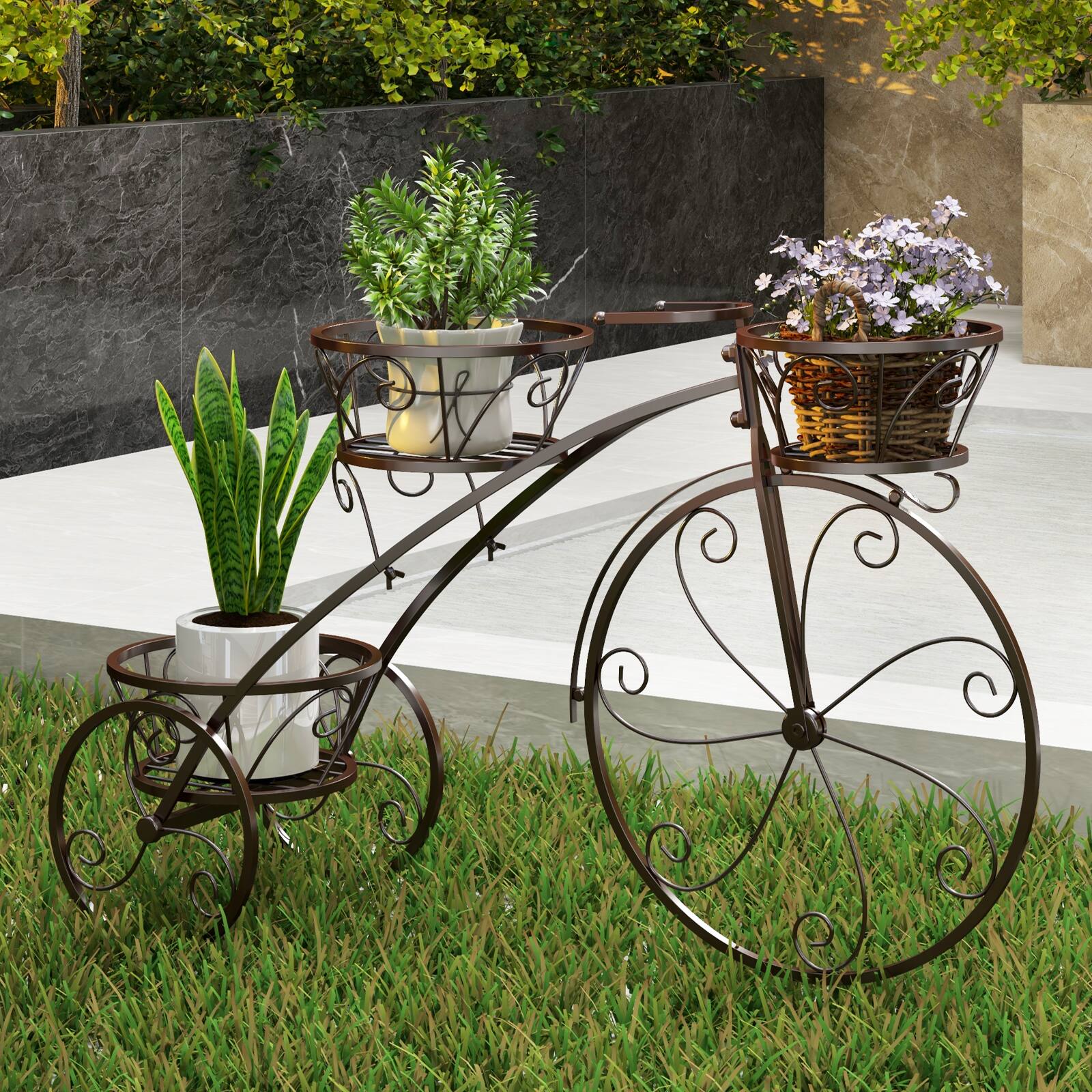 Alt View 1. Gymax - Gymax 3-Tier Bicycle Plant Stand w/ Hollowed Baskets Metal Flower Pot Cart Holder Bronze - Bronze.