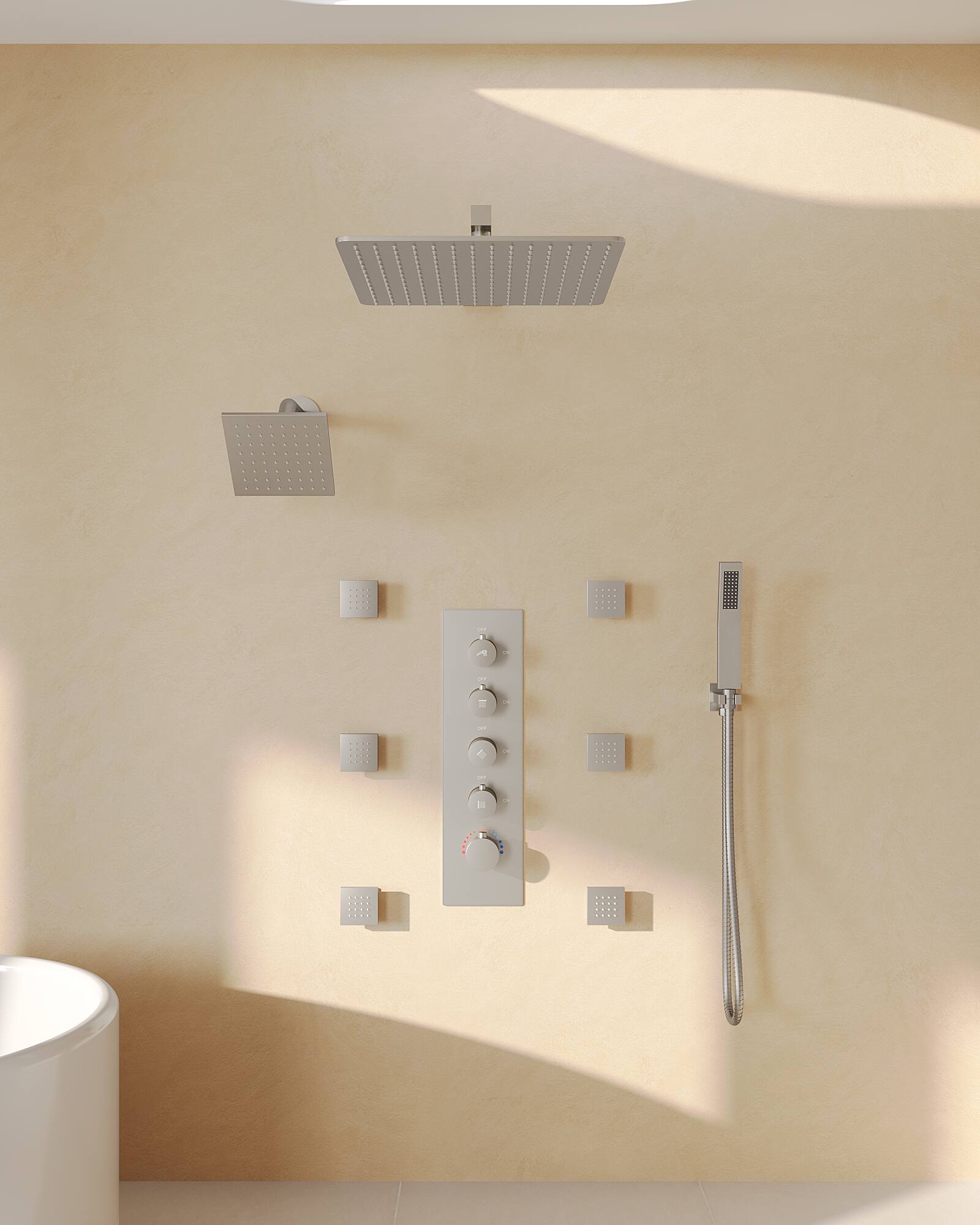 Angle. GRANDJOY - Thermostatic Rain Shower System with 6 Body Jets and Handheld Sprayer, Anti-Scald Dual Head Set with Rough-in Valve - Brushed Nickel.
