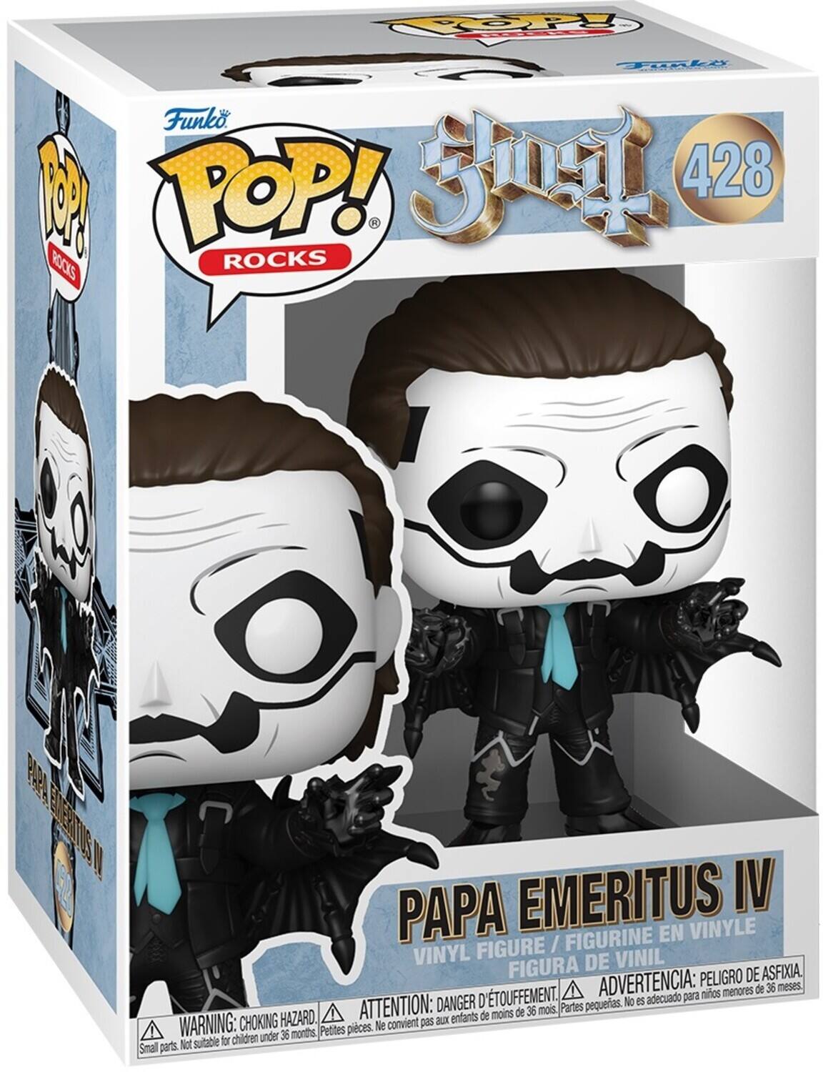 Sure, here is the corrected and grouped text from the image:

---

**Funko POP! ROCKS**

**Scooby-Doo**

**428**

**PAPA EMERITUS IV**

**VINYL FIGURE / FIGURINE EN VINYLE / FIGURA DE VINIL**

**WARNING: CHOKING HAZARD. Small parts. Not suitable for children under 36 months.**

**ADVERTENCIA: PELO DE ASFIXIA. DANGER D'ÉTOUFFEMENT. ATTENTION: aux enfants de moins de 36 mois.**

---

This text is organized to reflect the information on the packaging.