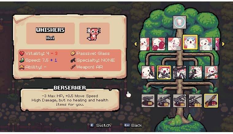 WHISKERS  
Koi  

Vitality: 4 - 3  
Speed: 7.5 + 1  
Ability: Passive: Glass  
Specialty: NONE  
Weapon: AR  

BERSERKER  
-3 Max HP, +0.5 Move Speed  
High Damage, but no healing and health items for you.  

Switch  
Esc Back