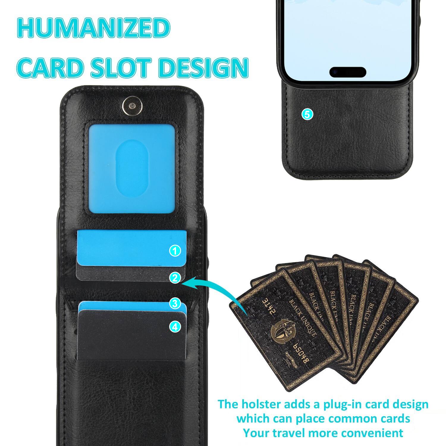 HUMANIZED CARD SLOT DESIGN

The holster adds a plug-in card design which can place common cards. Your travel more convenient