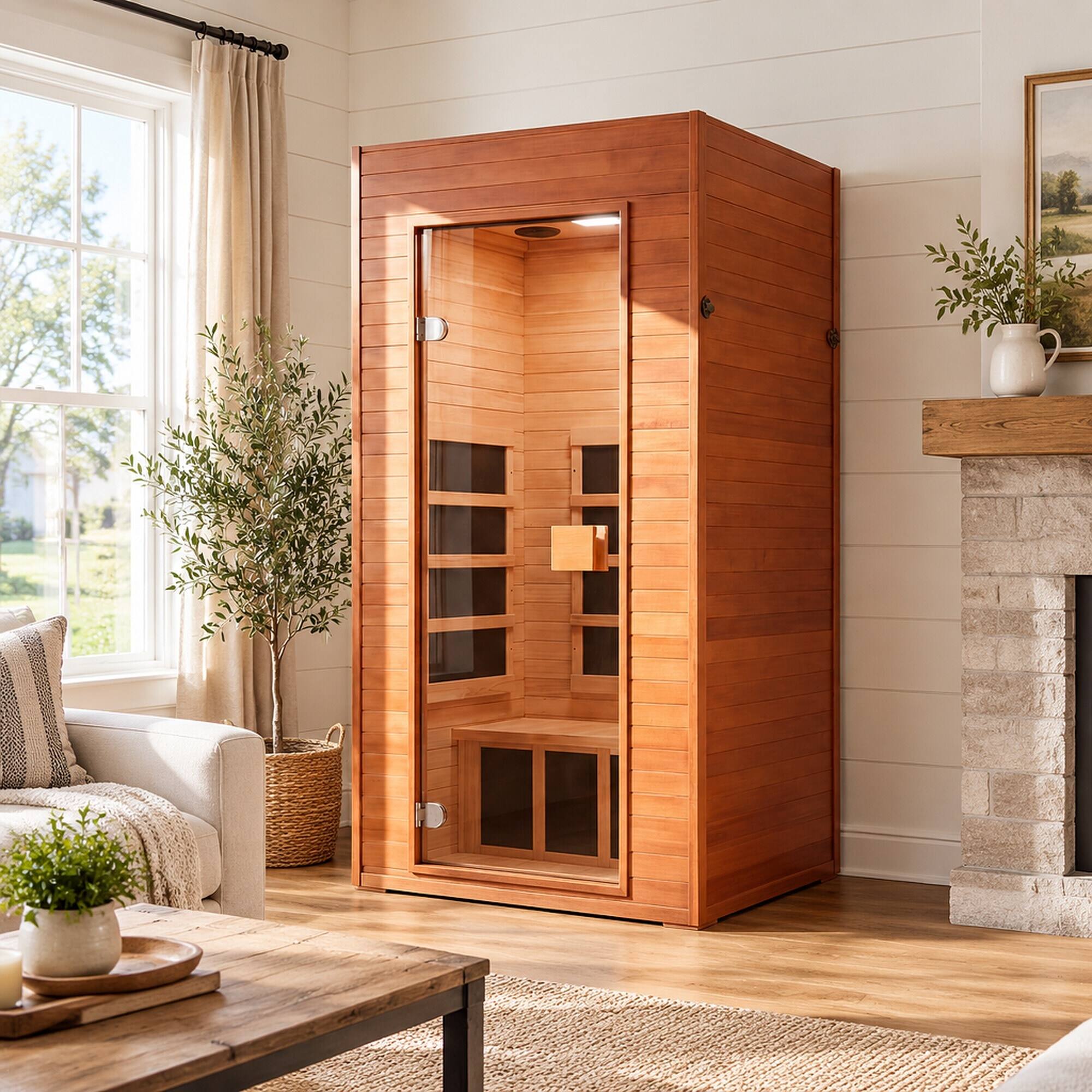 Alt View 1. RYHNUYNE - Smart Infrared Sauna for Home, 1-Person Canadian Hemlock Wood Cabin, Voice Control, Bluetooth Speakers, Red Light - Acacia Wood.