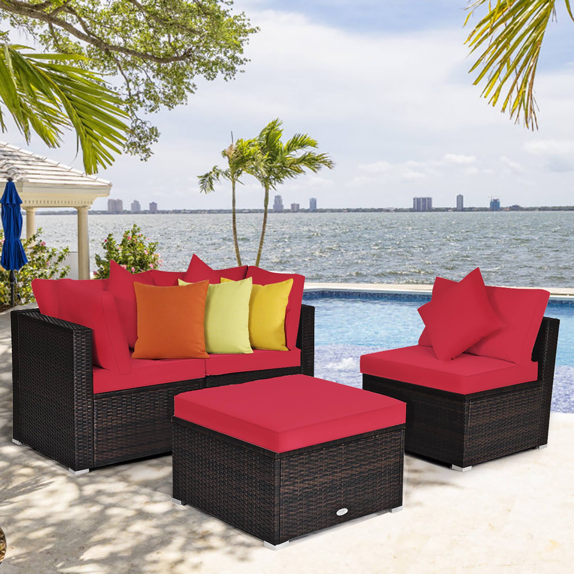 Alt View 1. Costway - 4PCS Patio Rattan Furniture Set Sofa Ottoman Cushion Garden Deck - Red.