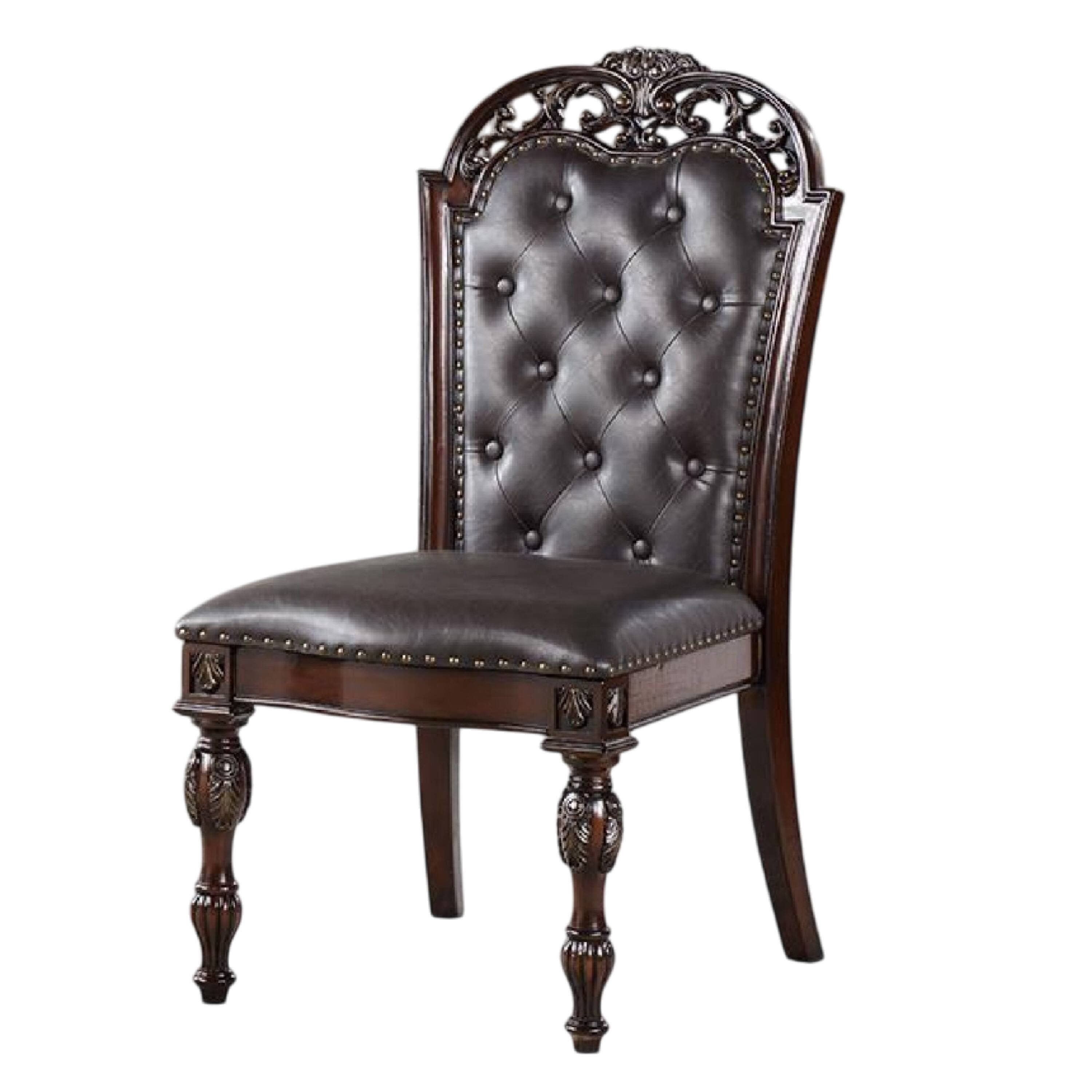 Alt View 1. Manhattan Lane - Eva Side Dining Chair Set of 2, Rivet Trim, Brown Tufted Faux Leather - Brown Cherry, Espresso.