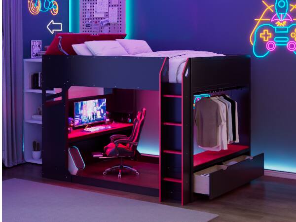Angle. Anysun - Full Size Wood Loft Bed with Height-adjustable Desk,Drawers,Storage Compartments,Hanging Rod and RGB Lights - Red.