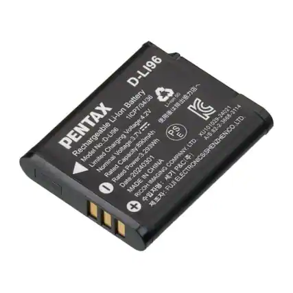 D-LI96
Pentax
Rechargeable Li-Ion Battery
Model: D-LI96
Limited Capacity: 890mAh
Nominal Voltage: 3.7V
Rated Power: 3.2Wh
Rated Capacity: 890mAh
Rated Voltage: 4.2V
Date: 20240301
Made in China
PS Electronics (Shenzhen) Co., Ltd.
XU1010029-240021
AIS822-3668-3114
RICOH IMAGING COMPANY, LTD.
FUJI ELECTRONICS(SHENZHEN)CO., LTD.