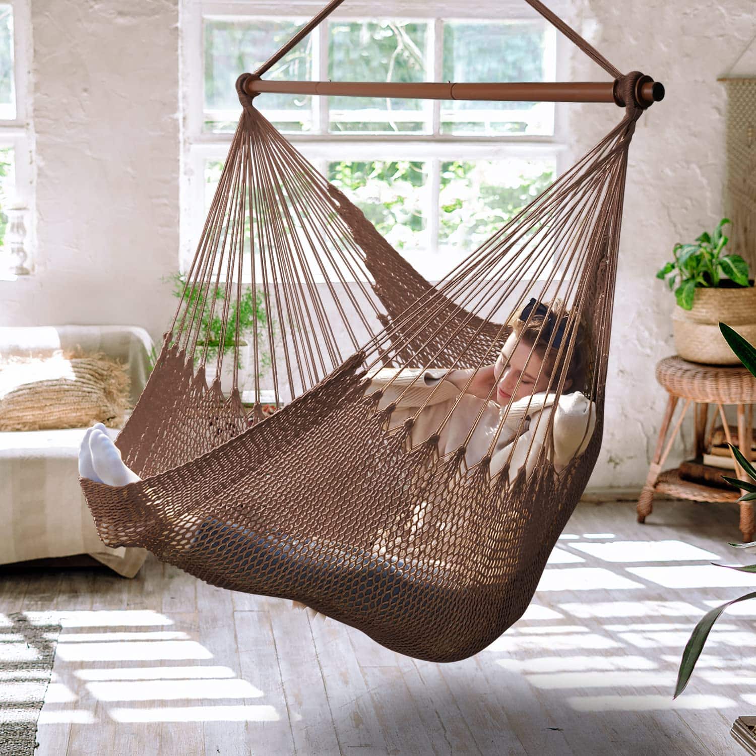 JETRANSPORT - Upgraded Caribbean Hammock Chair With Detachable Metal Bar Large Swing Xl Rope Hanging For Outdoor Indoor 330 - Saddlebrown