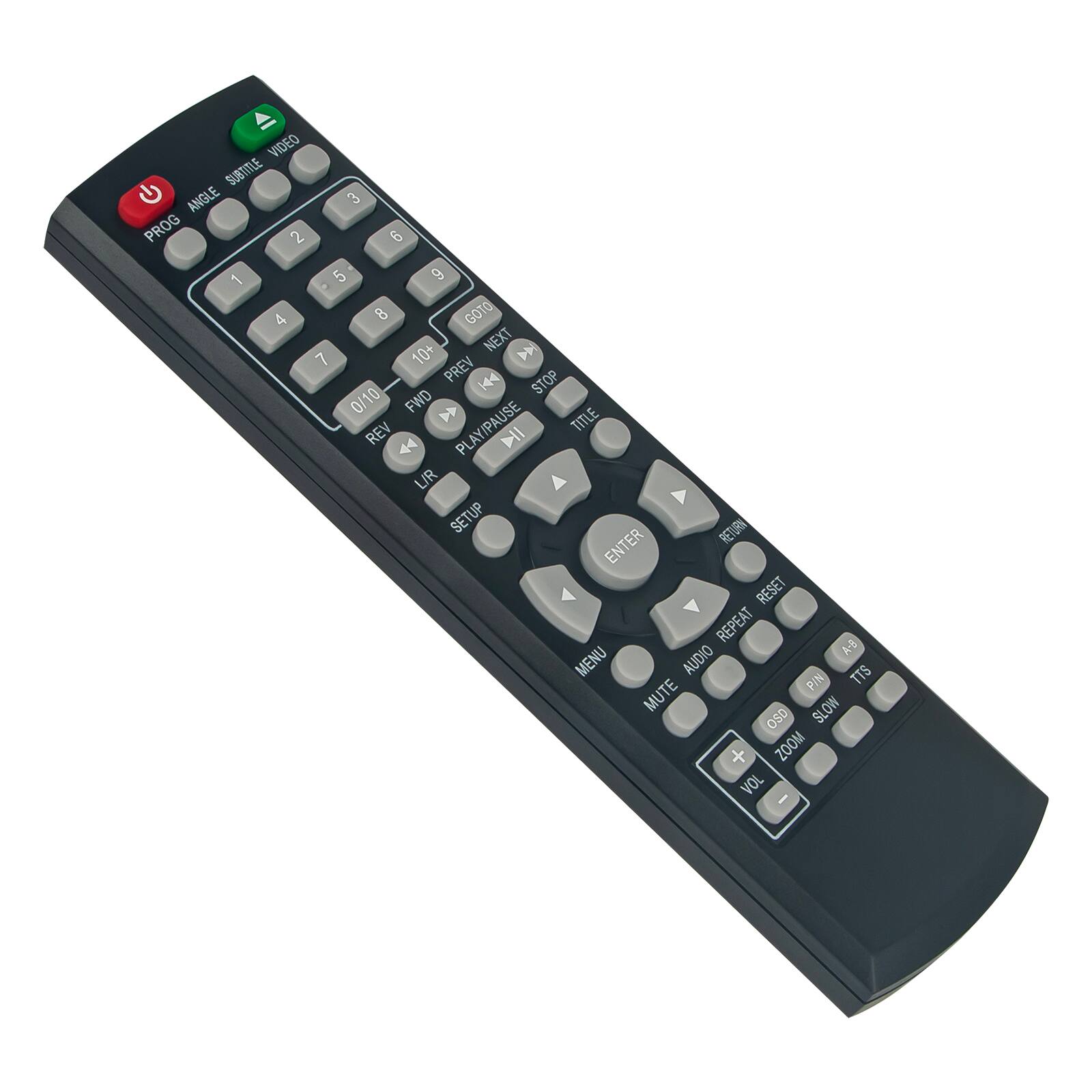 VIDEO SUBTITLE ANGLE 3 PROG 2 6 1 5 9 . 4 GOTO 10+ NEXT 44 7 PREV 144 STOP 0/10 FWD REV PLAY/PAUSE TITLE I LIR SETUP RETURN ENTER RESET REPEAT A-B MENU AUDIO TTS FIN MUTE SLOW 050 + ZOOM VOL I