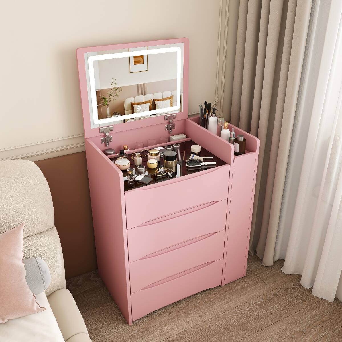 Alt View 8. Loheer - Loheer 3-in-1 Flip Mirror Vanity Desk with Adjustable LED Lighting, Pink MDF Bedroom Furniture - Pink.