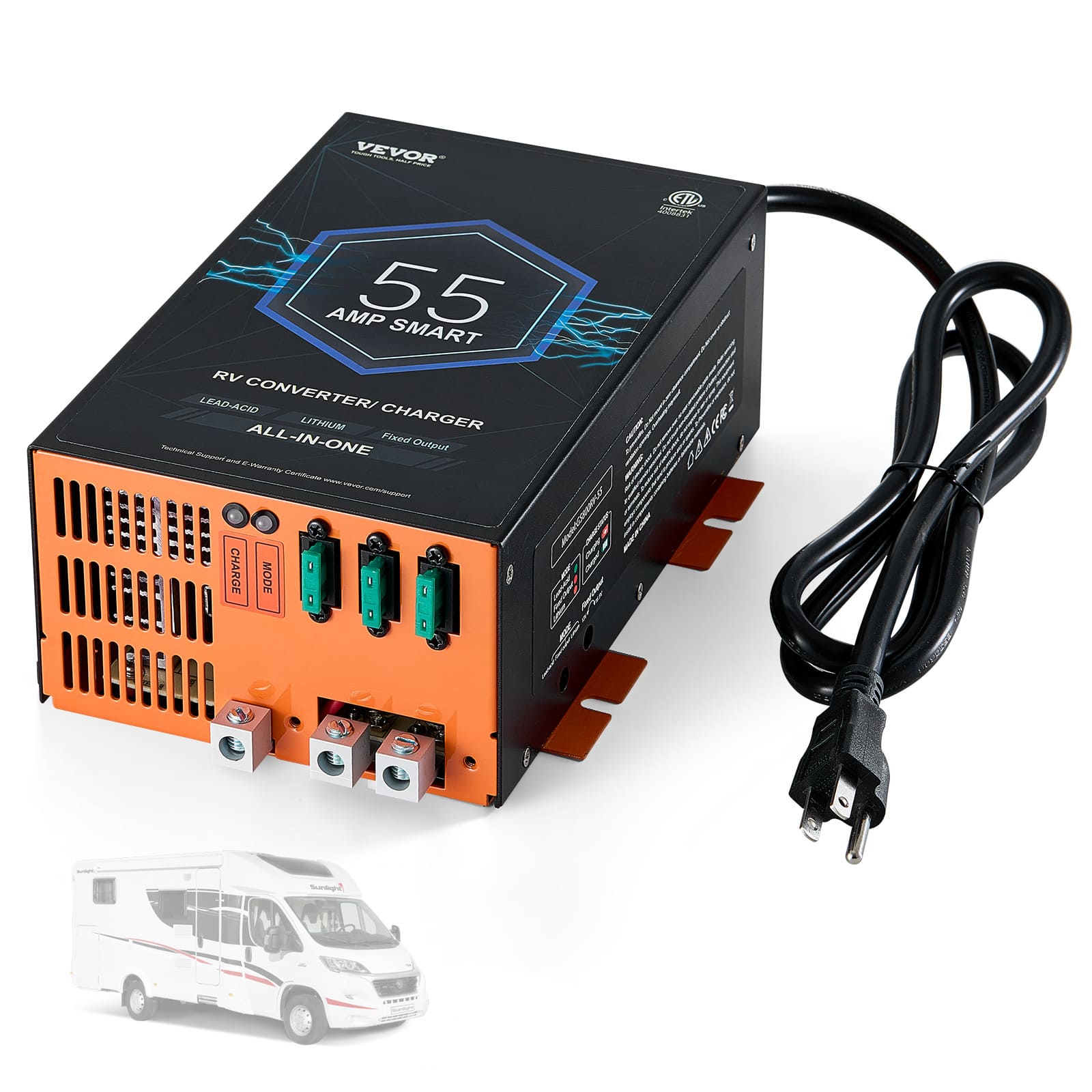 VEVOR - RV Converter, 55 Amp, 110V AC to 12V DC RV Power Converter Battery Charger with 4 Stage Smart Charging 13V to 16.5V - Black;Orange