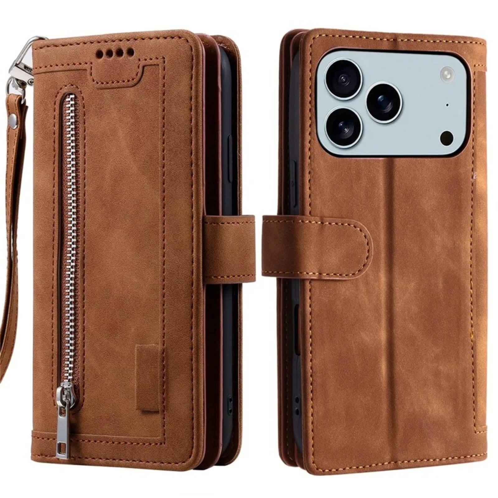 Angle. UUCOVER - Magnetic Flip Wallet Case for Apple iPhone 17 Pro Max with Card Cash Slots, Zipper Pocket and Wrist Strap, Stand Cover - Brown.