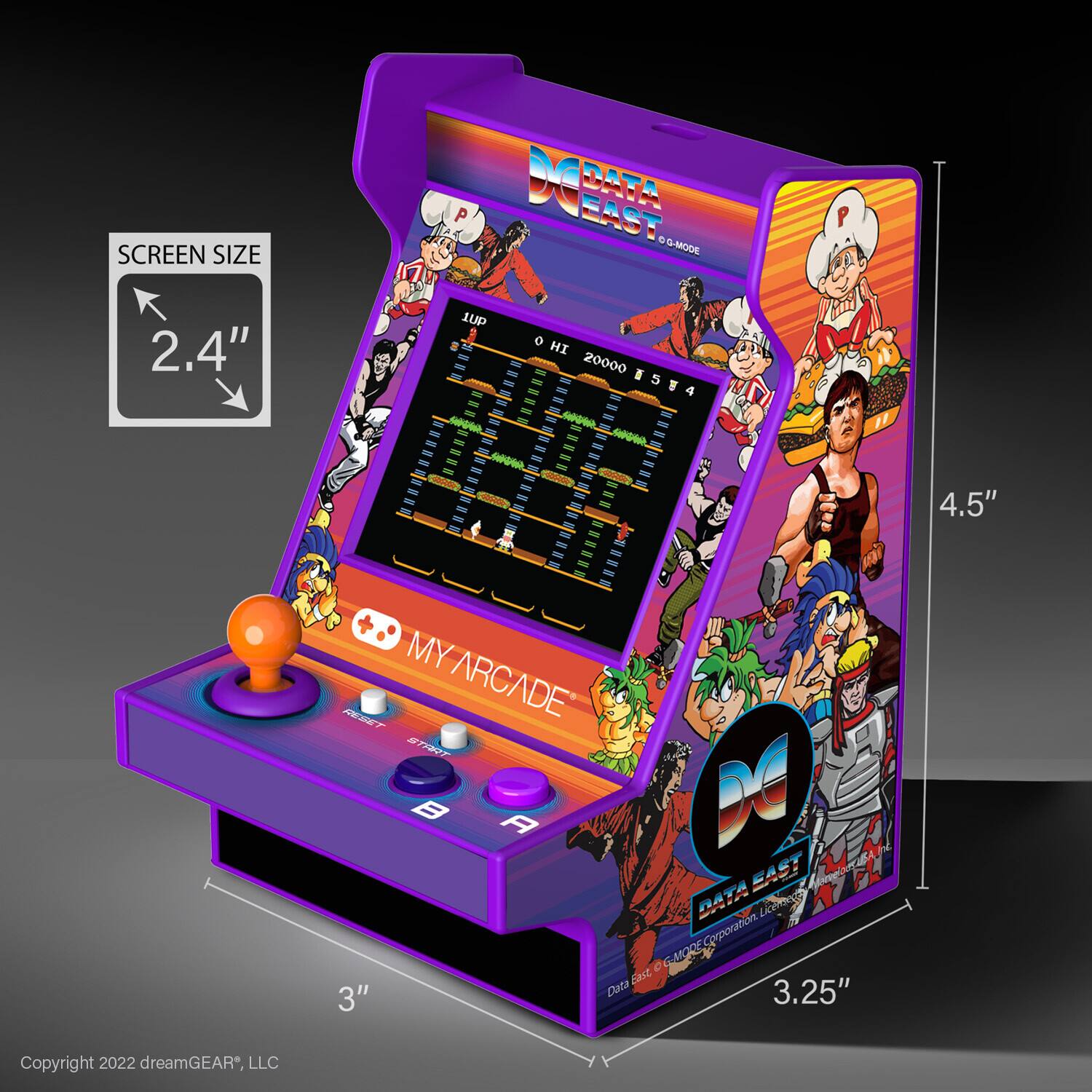 Sure, here is the corrected and grouped text from the image:

---

**SCREEN SIZE**  
2.4"  

**MY ARCADE**  

**DATA EAST**  
Q-MODE  

**DATA EAST**  
©-MORE Corporation. Licensed by Data East Corporation.  

**Copyright 2022 dreamGEAR®, LLC**  

---

**Dimensions:**  
- Screen Size: 2.4"  
- Height: 4.5"  
- Width: 3"  
- Depth: 3.25"  

---