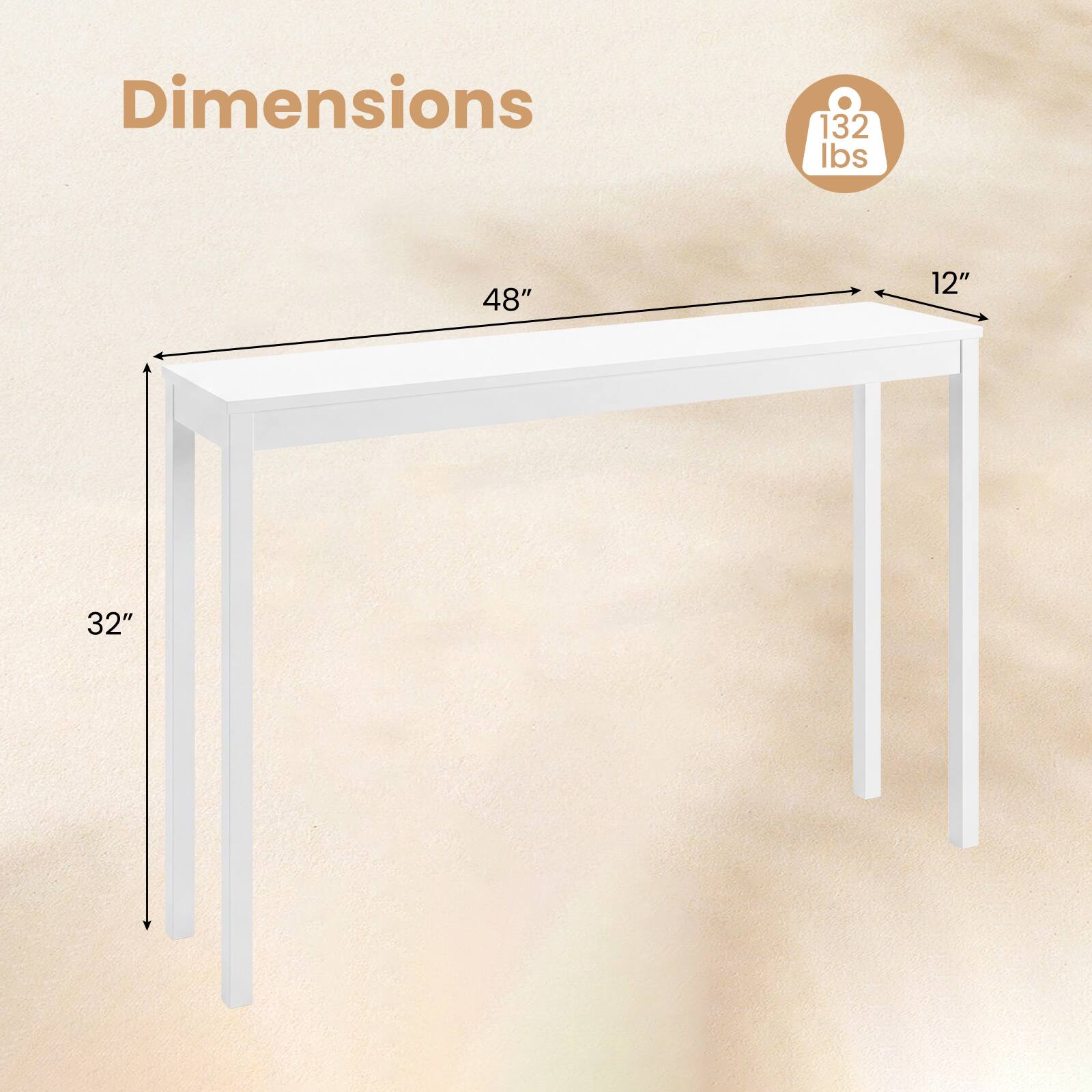 Dimensions: 48" x 12" x 32", 132 lbs