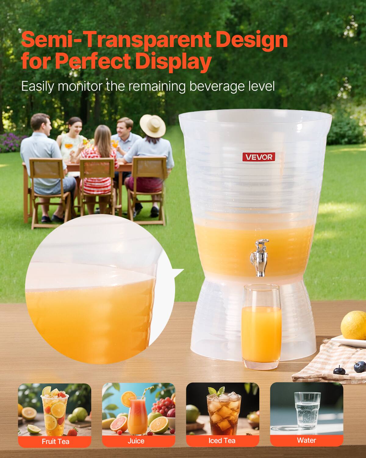 Semi-Transparent Design for Perfect Display  
Easily monitor the remaining beverage level  

Fruit Tea  
Juice  
Iced Tea  
Water