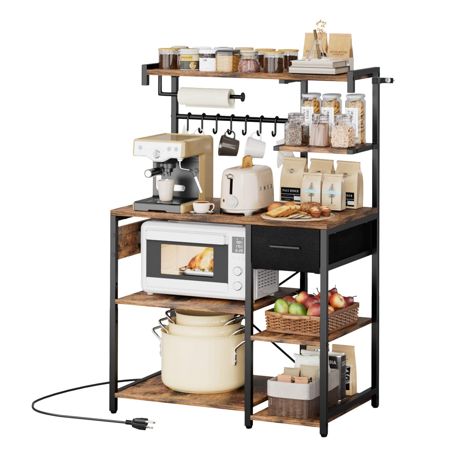 VEVOR - Kitchen Bakers Rack, 4.6ft Power Cable Bakers Rack with Power Outlet, Kitchen Stand with X-Shaped Support Bar - Vintage Brown Wood + Black Iron Tube