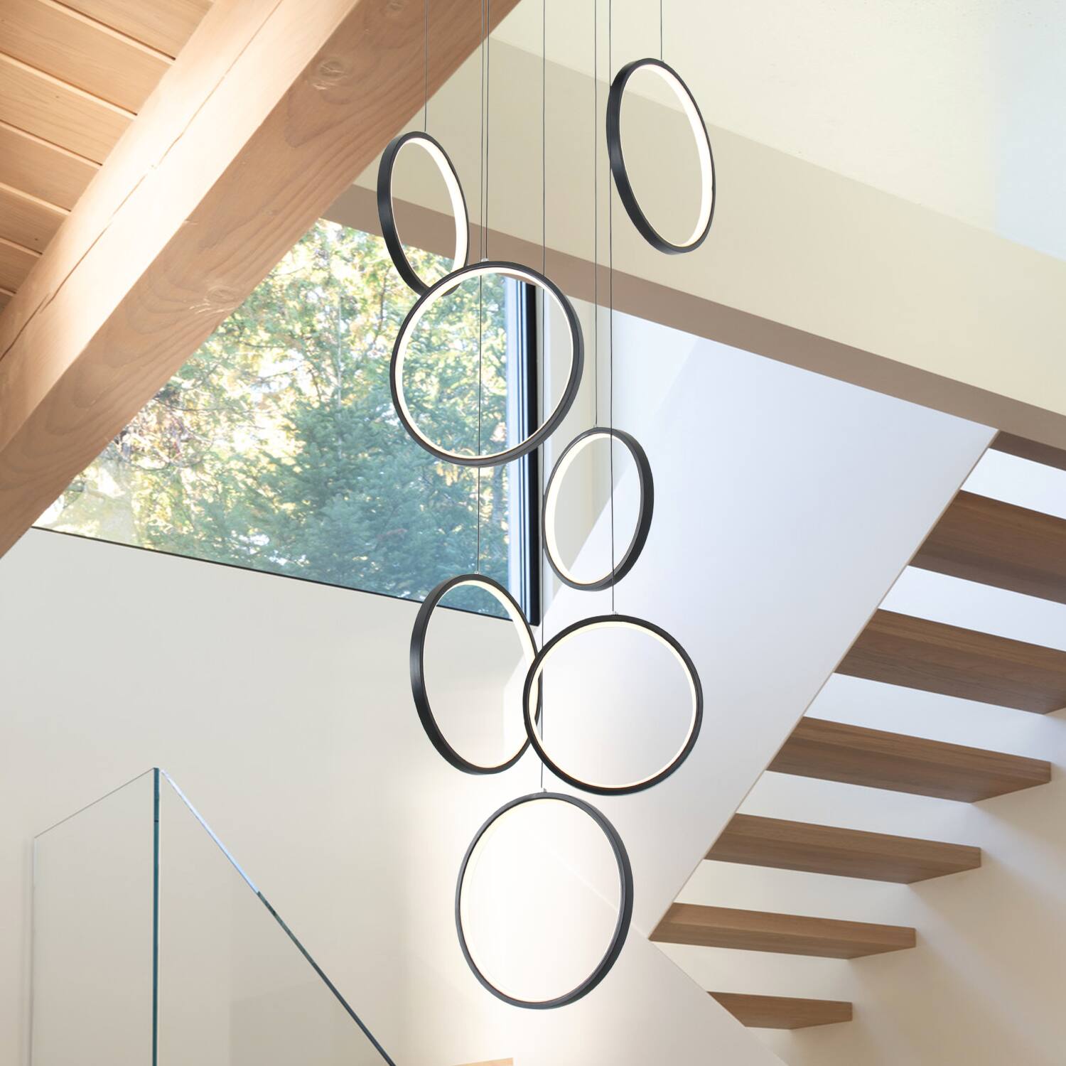 Back. Umeiluce - Dimmable LED Geometric Chandelier Hanging Pendant for Staircase Stairs - Matte Black.