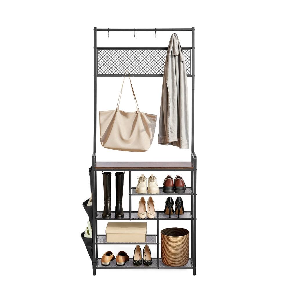 Front. Loheer - Loheer 70.9 in hall tree with shoe storage, freestanding 4-tier shoe rack organizer with side pocket, dark brown - Dark Brown.